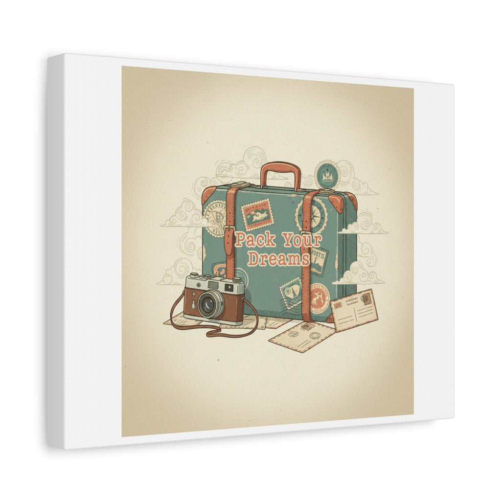 Pack Your Dreams Canvas | Retro Travel Postcard, Wanderlust Passport Stamp Art