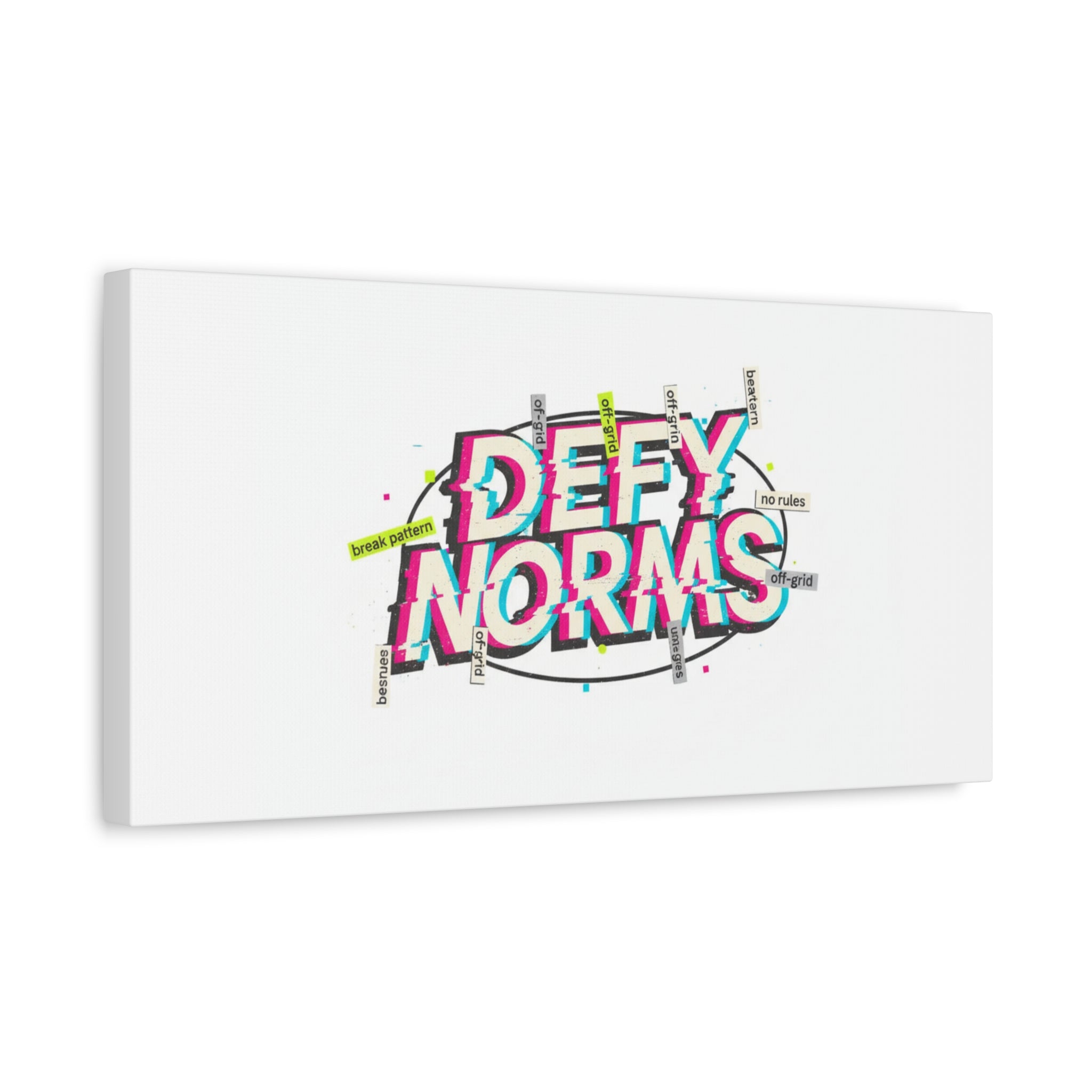 Defy Norms Canvas, Anti-Aesthetic Glitch Typography, Brutalist Poster Style