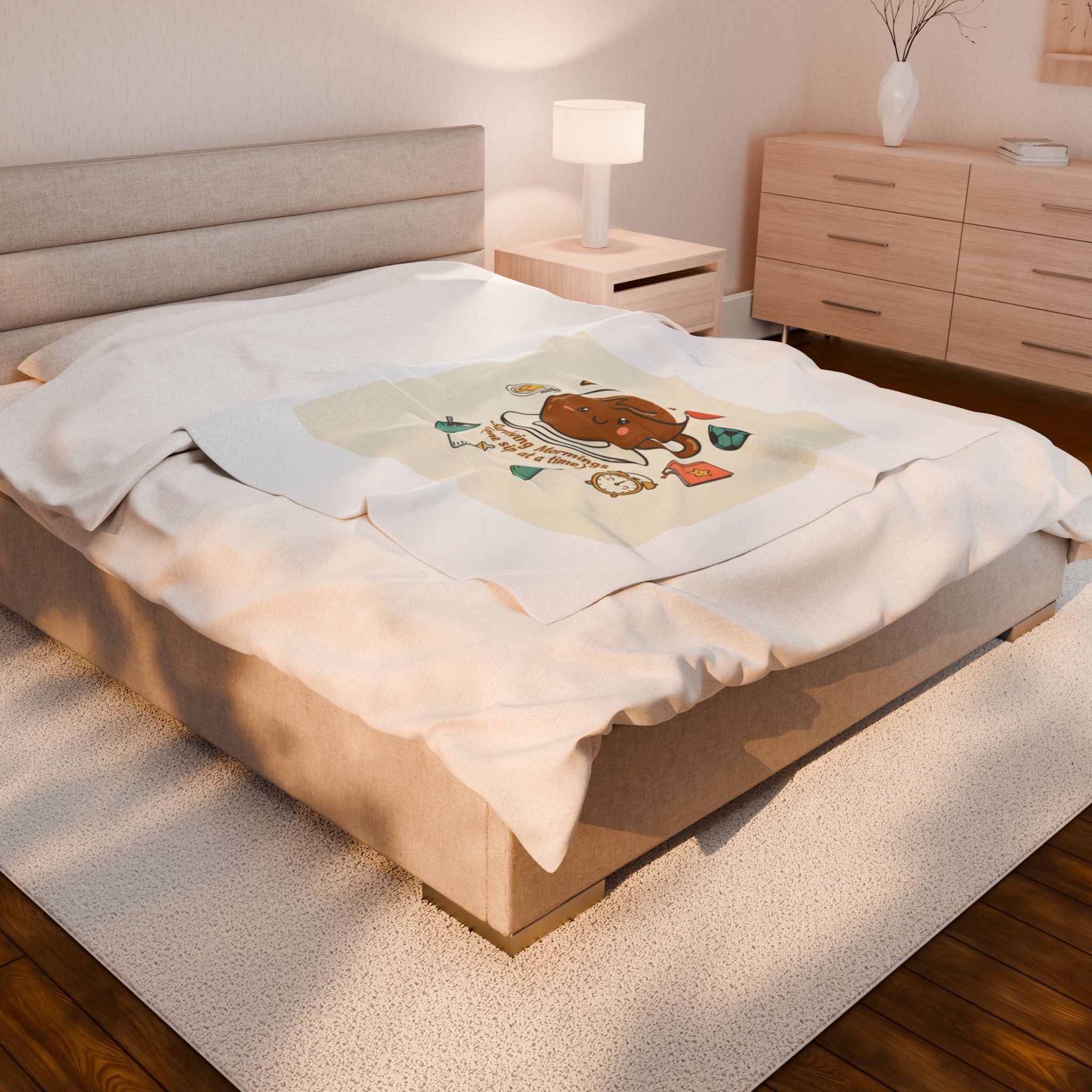 Surviving Mornings Coffee Mug Illustration Velveteen Plush Blanket | Parenting Morning Humor