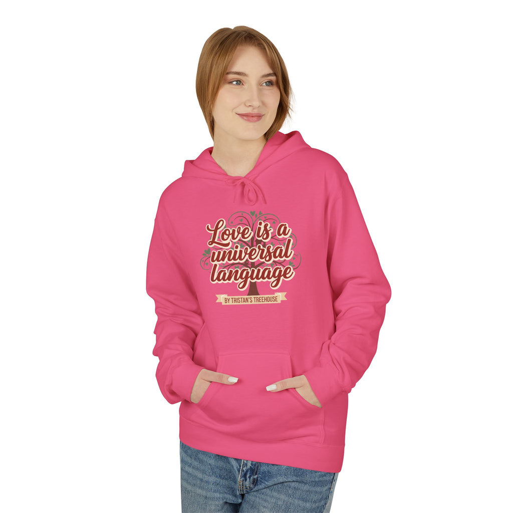 Hoodie — “Love is a Universal Language” Cozy Retro Cabin Graphic Hoodie