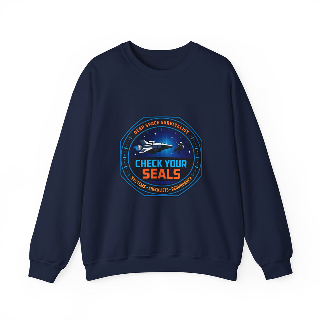Check Your Seals Mission Patch Crewneck, hard sci‑fi space survival, mission patch sweatshirt