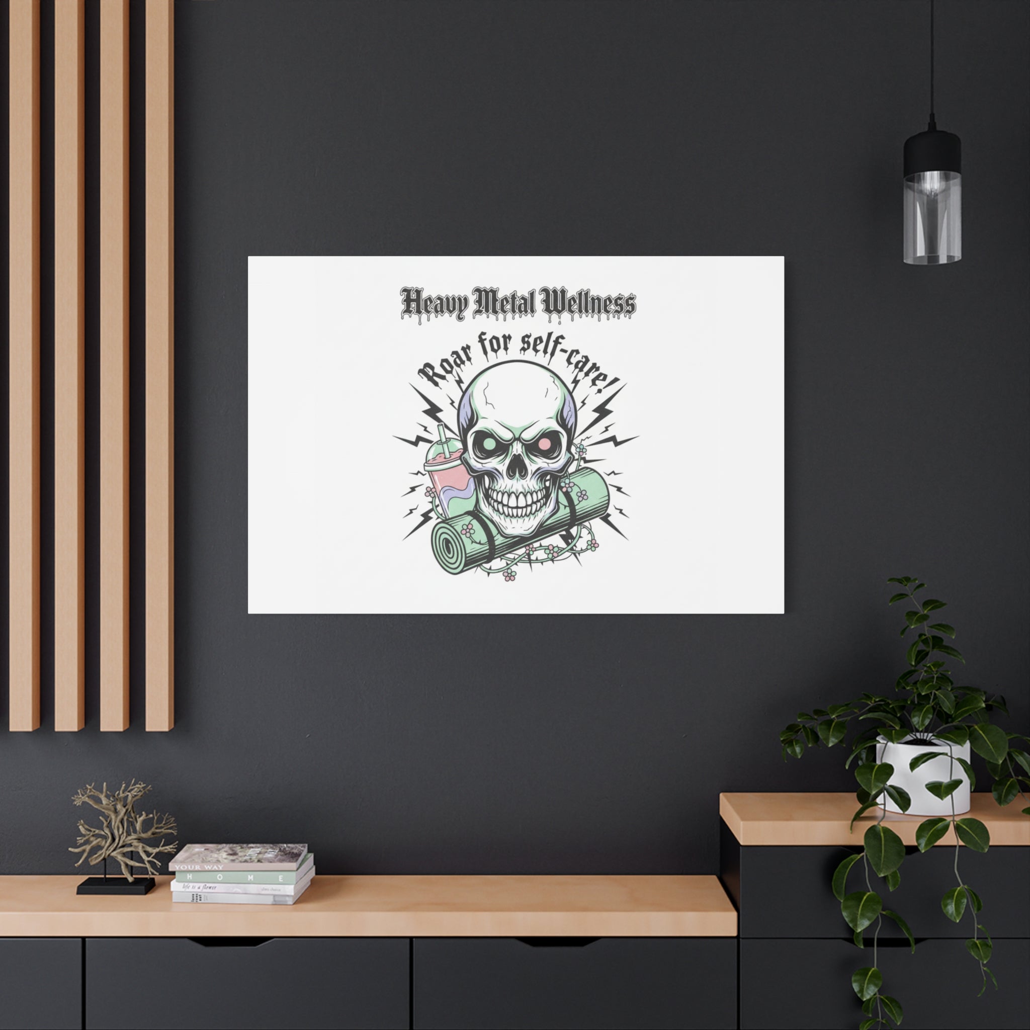 Roar for Self-Care Skull Canvas | heavy metal wellness, gothic wellness quote