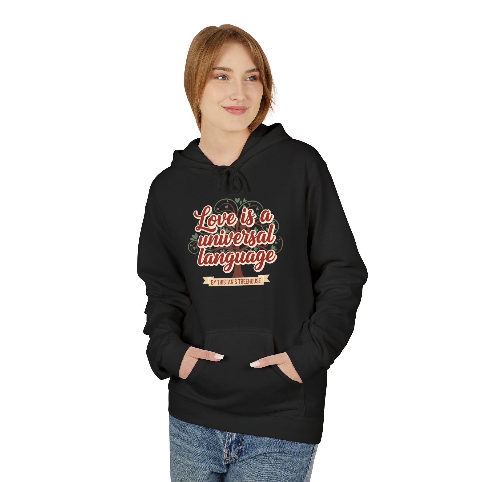 Hoodie — “Love is a Universal Language” Cozy Retro Cabin Graphic Hoodie