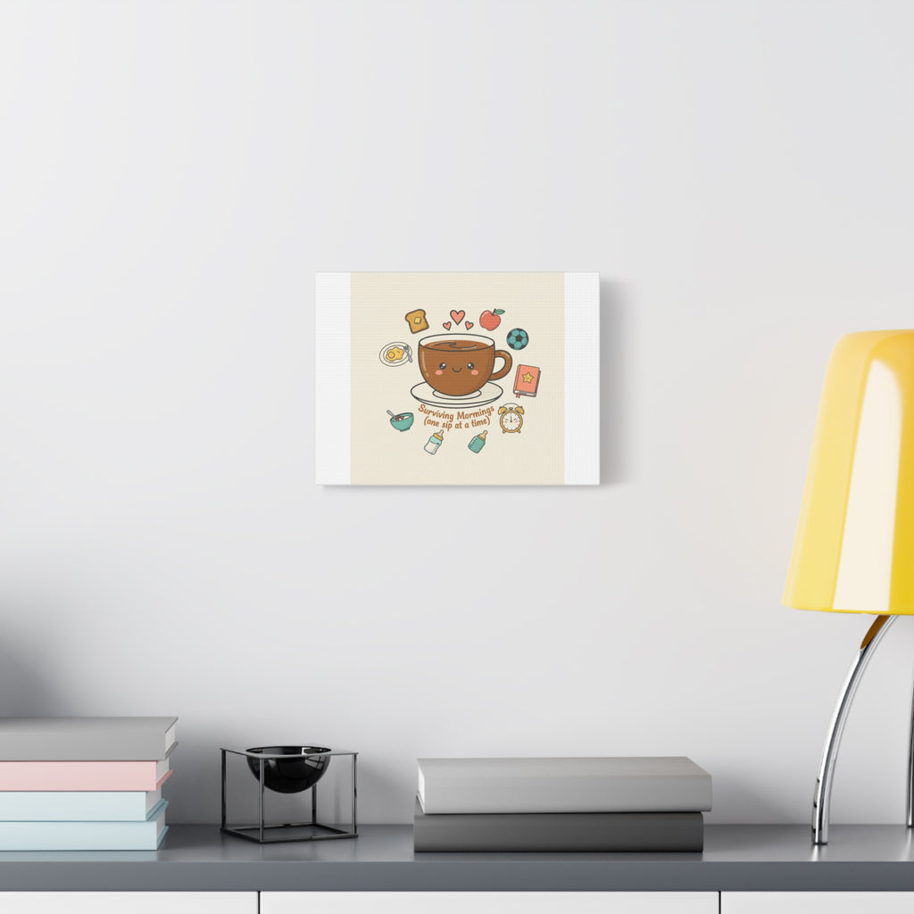 Surviving Mornings (One Sip at a Time) Canvas | Parenting Morning Humor, Coffee & Kids