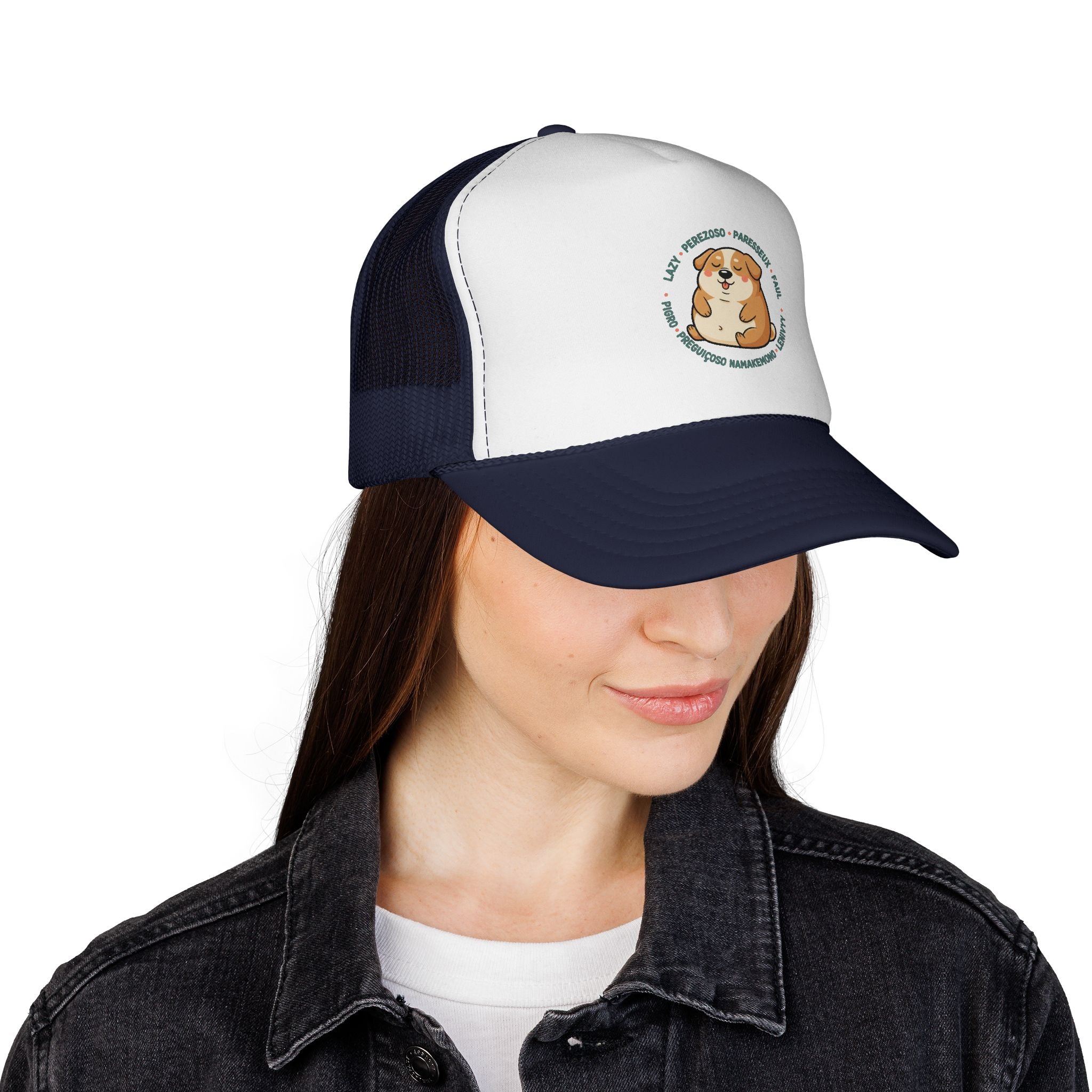 Funny Dog Meme Trucker Cap — "Fat Lazy" Multilingual Design (8 Languages)