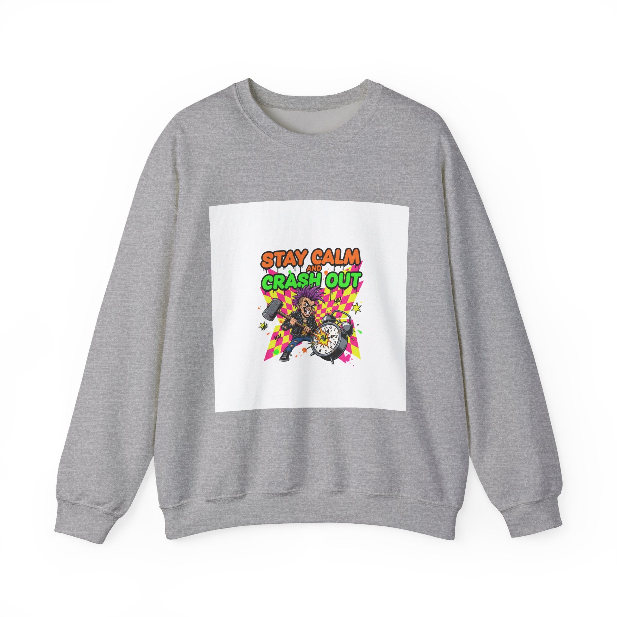 Stay Calm Crash Out Crewneck Sweatshirt | neon graffiti, meltdown design