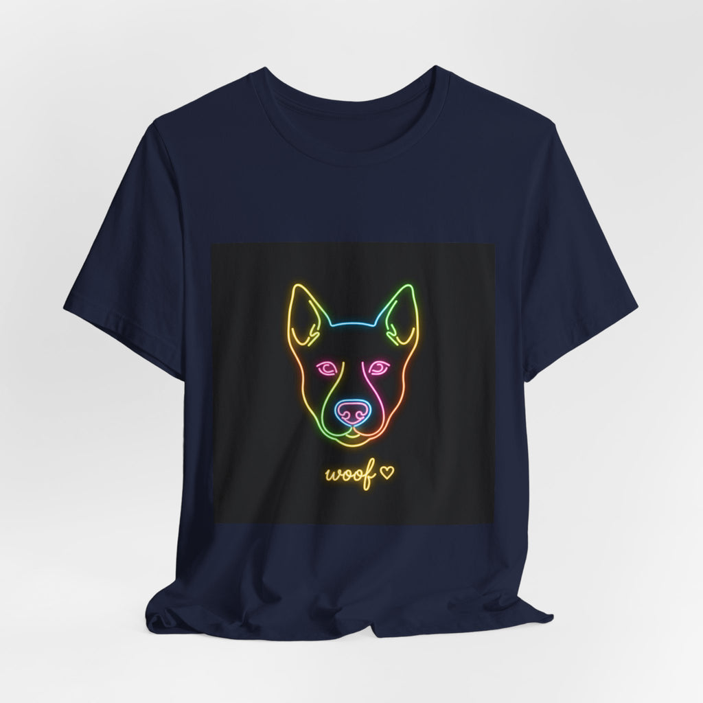 Neon Dog Face Tee — "Woof" Graphic T-Shirt