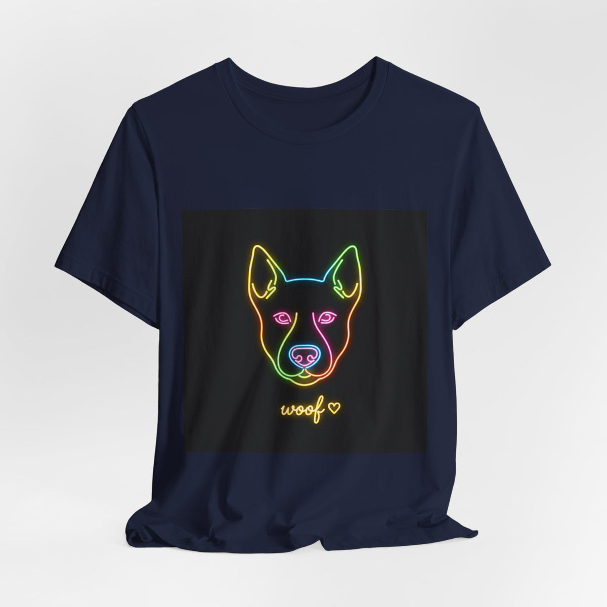 Neon Dog Face Tee — "Woof" Graphic T-Shirt