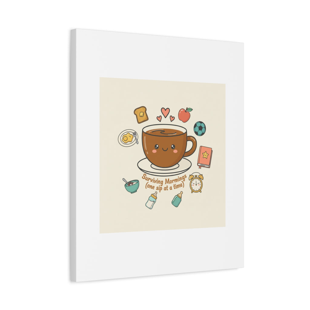 Surviving Mornings (One Sip at a Time) Canvas | Parenting Morning Humor, Coffee & Kids