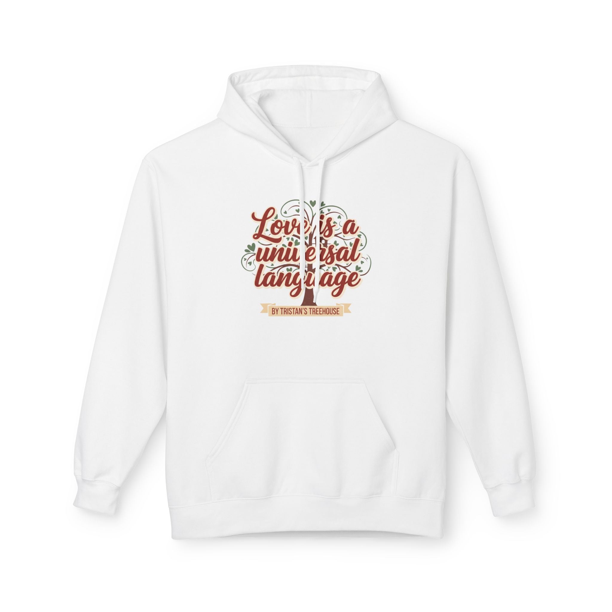 Hoodie — “Love is a Universal Language” Cozy Retro Cabin Graphic Hoodie