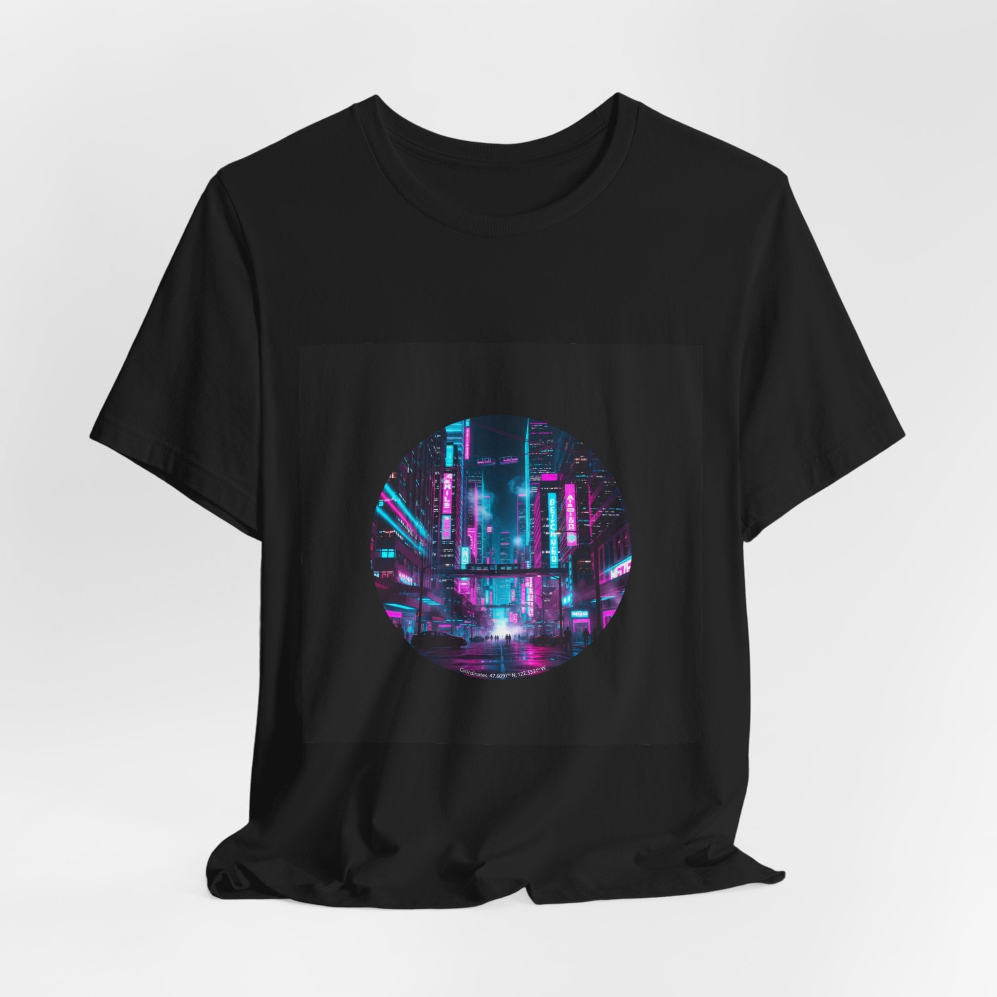 Neon Cyberpunk Skyline Tee | synthwave skyline, future city art
