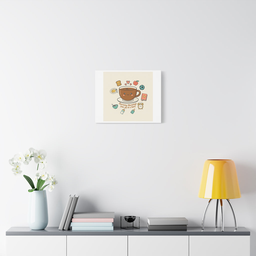 Surviving Mornings (One Sip at a Time) Canvas | Parenting Morning Humor, Coffee & Kids