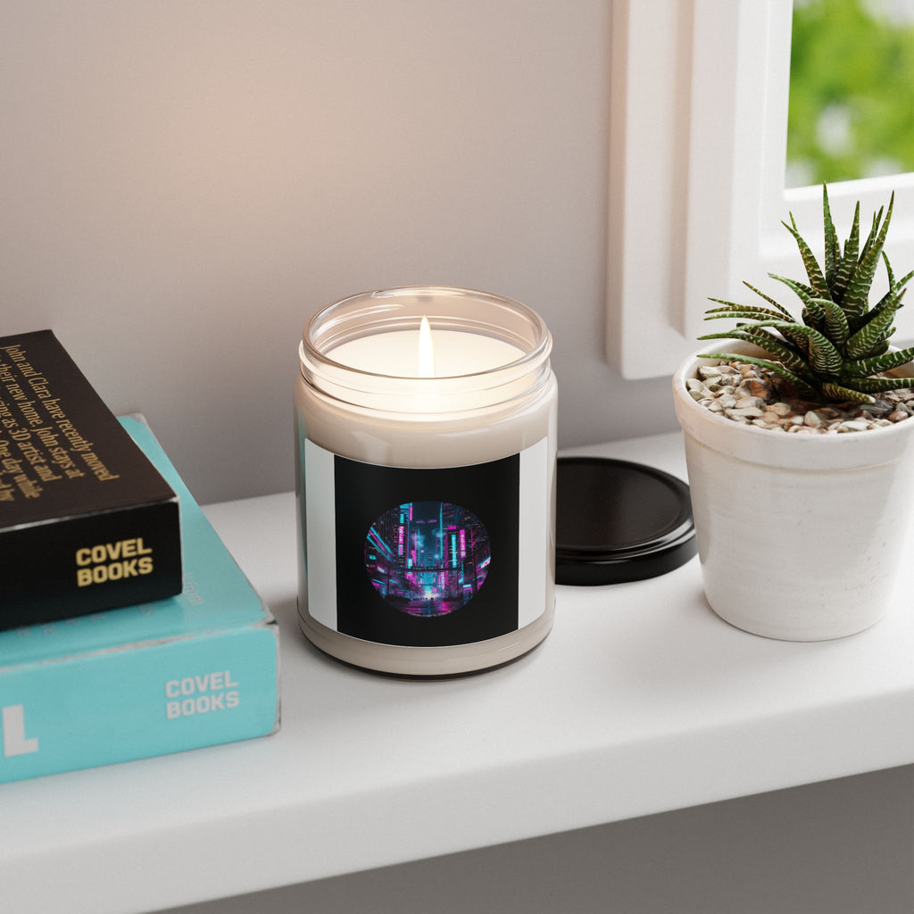 Neon Cyberpunk Skyline Candle, Soy Candle, Synthwave Cityscape