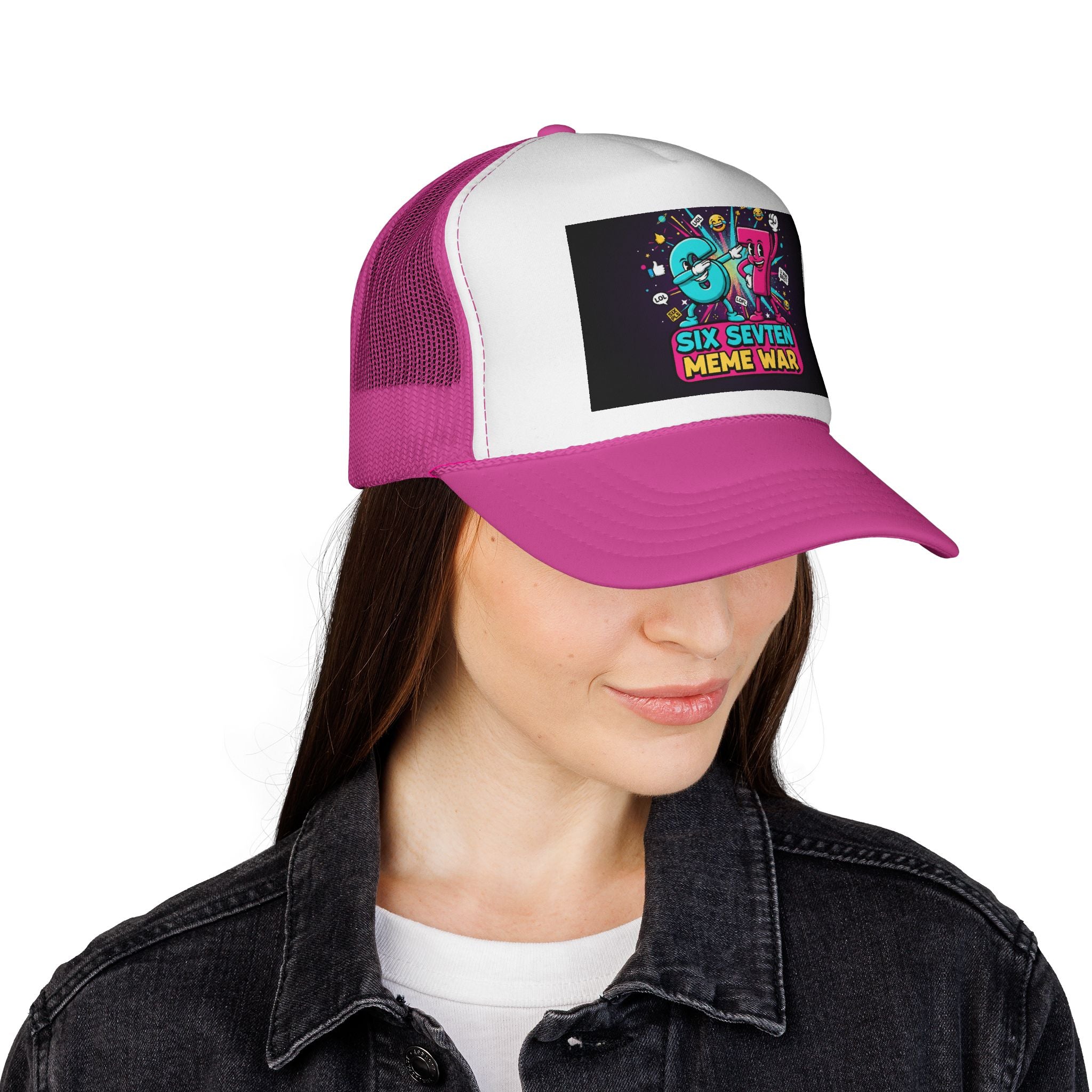 Trucker Cap - 'Six Seven Meme War' Colorful Retro Gaming Snapback