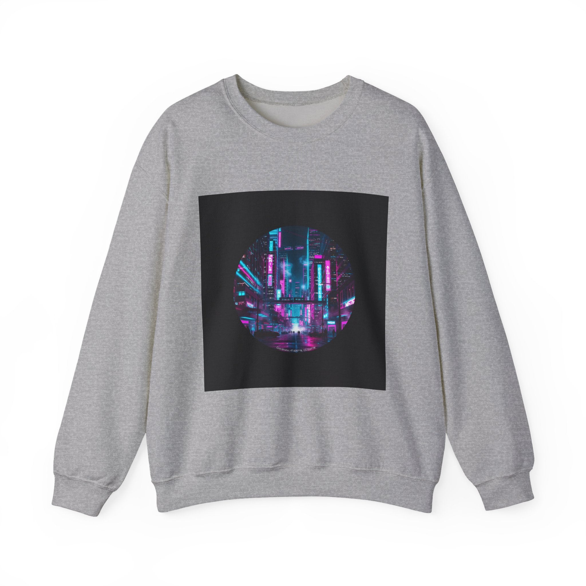Neon Cyberpunk Skyline Sweatshirt | synthwave cityscape, future city art