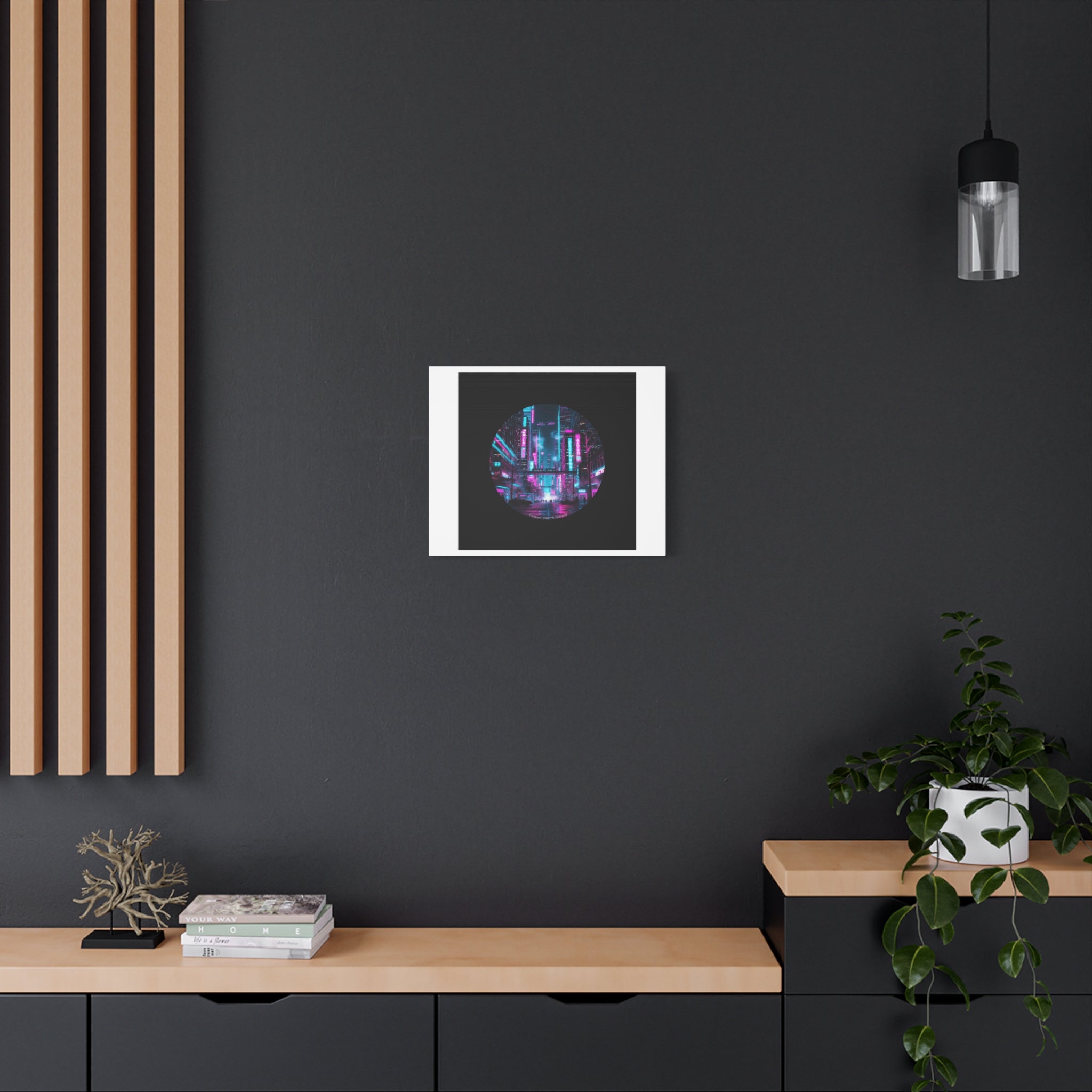 Neon Cyberpunk Cityscape Canvas | synthwave skyline, future city art