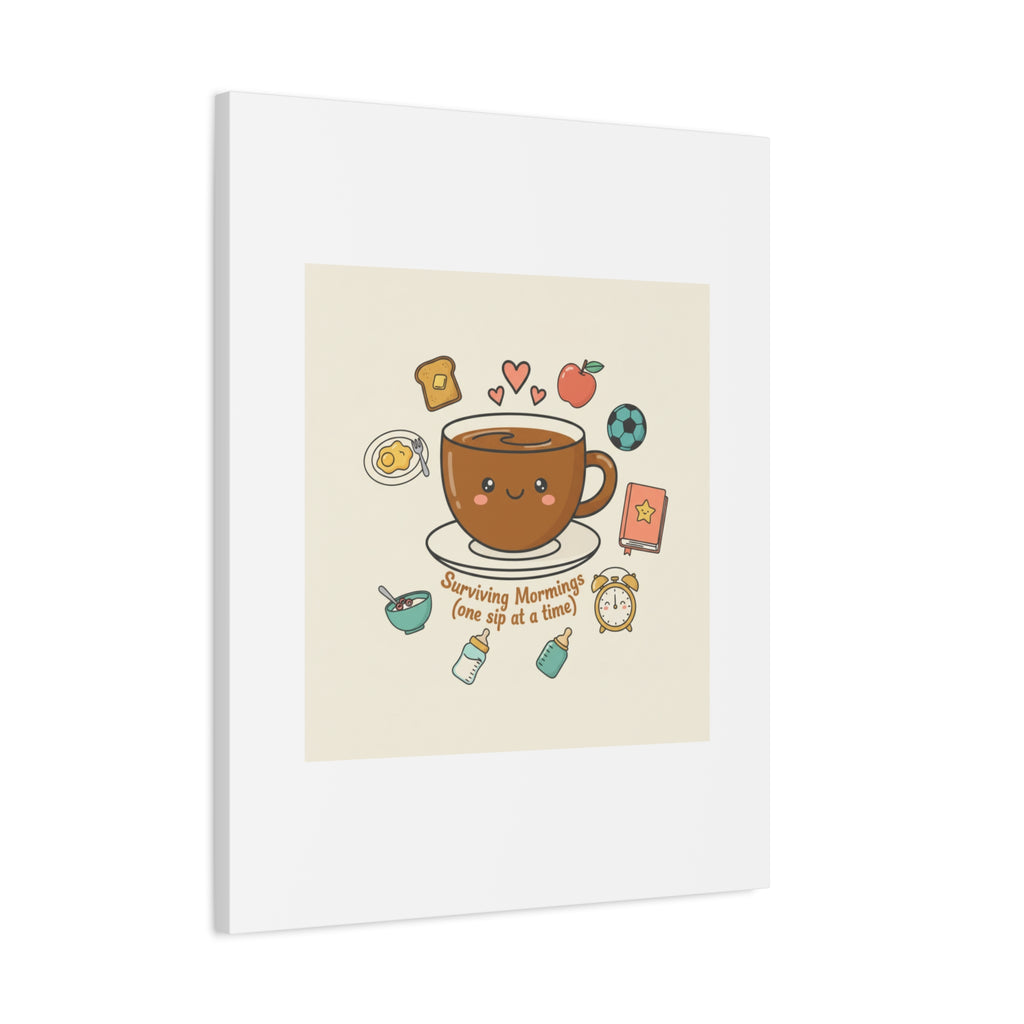 Surviving Mornings (One Sip at a Time) Canvas | Parenting Morning Humor, Coffee & Kids