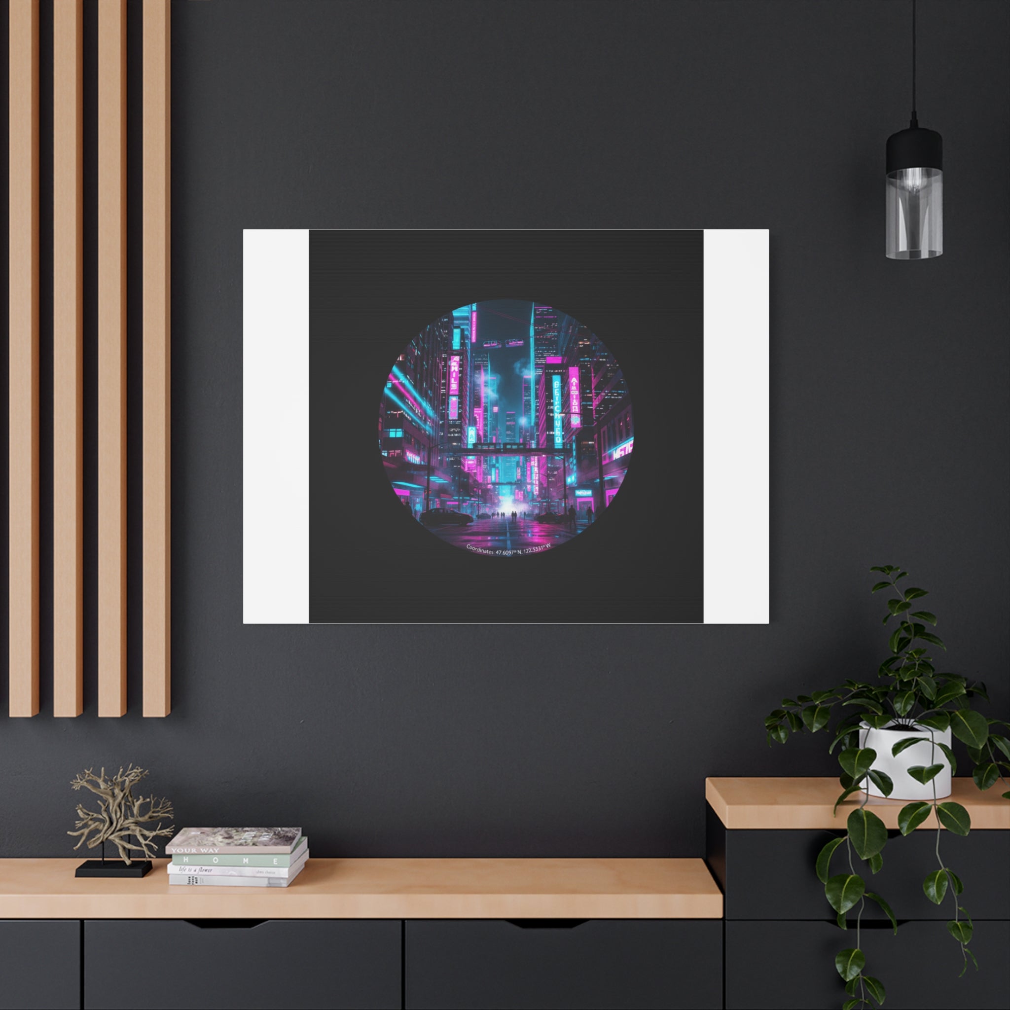 Neon Cyberpunk Cityscape Canvas | synthwave skyline, future city art