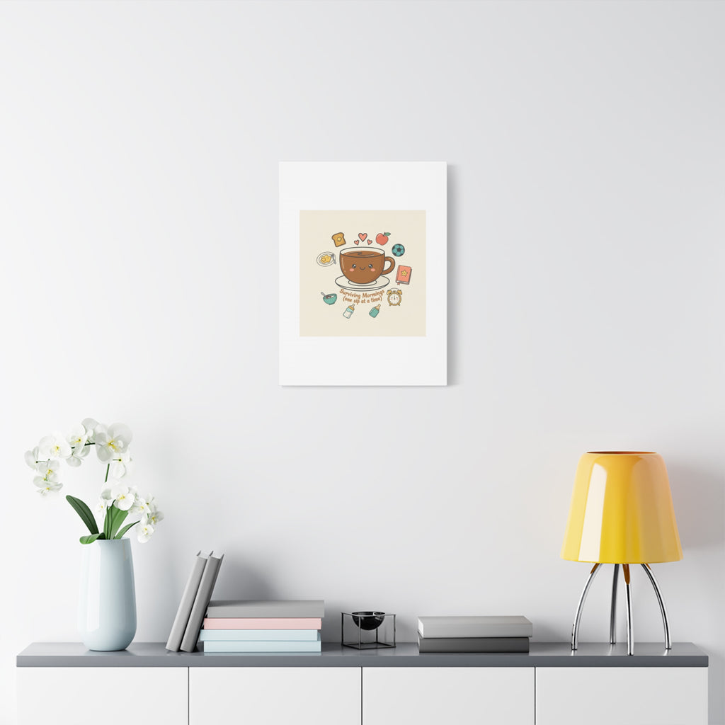 Surviving Mornings (One Sip at a Time) Canvas | Parenting Morning Humor, Coffee & Kids