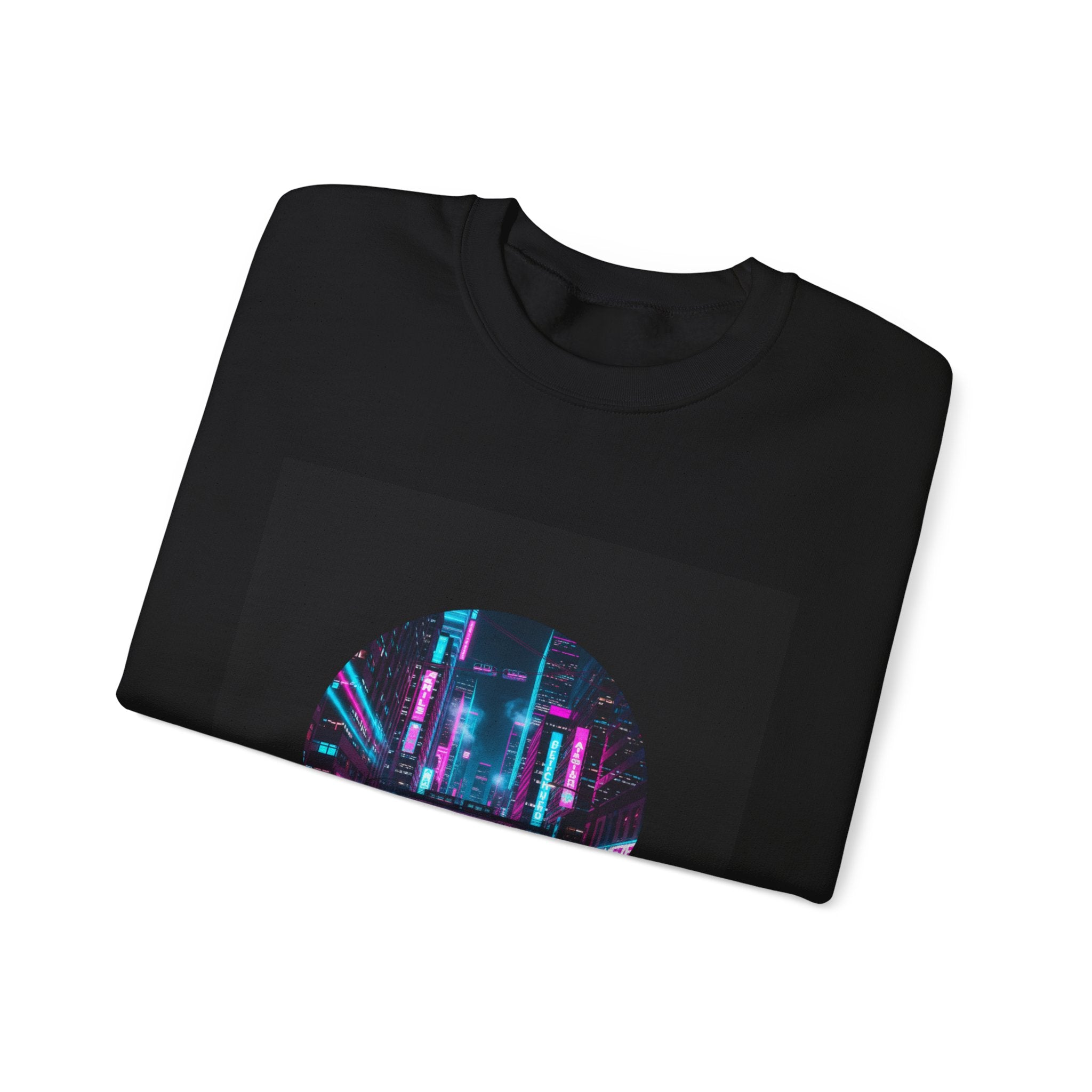 Neon Cyberpunk Skyline Sweatshirt | synthwave cityscape, future city art