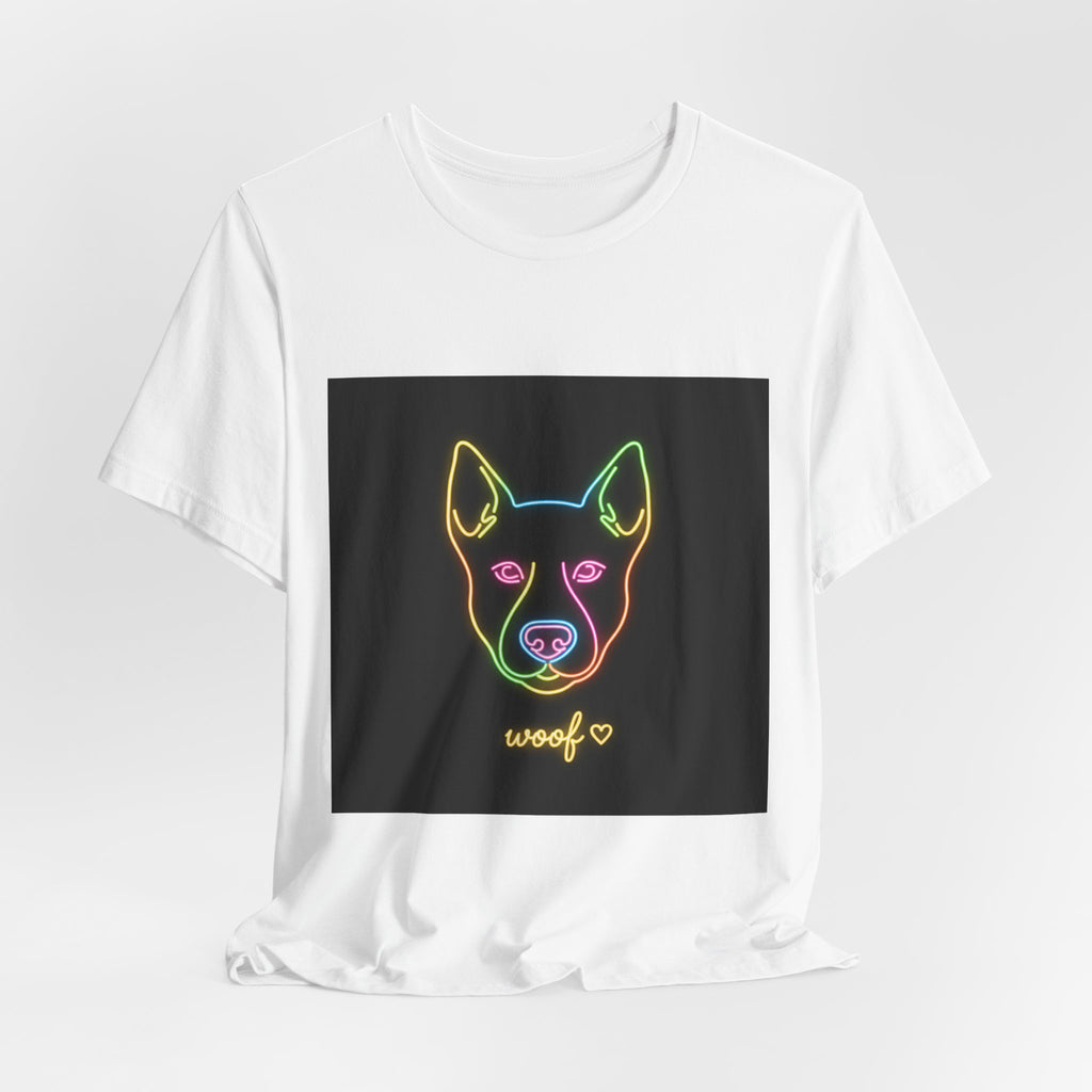 Neon Dog Face Tee — "Woof" Graphic T-Shirt