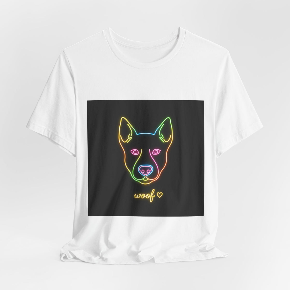 Neon Dog Face Tee — "Woof" Graphic T-Shirt