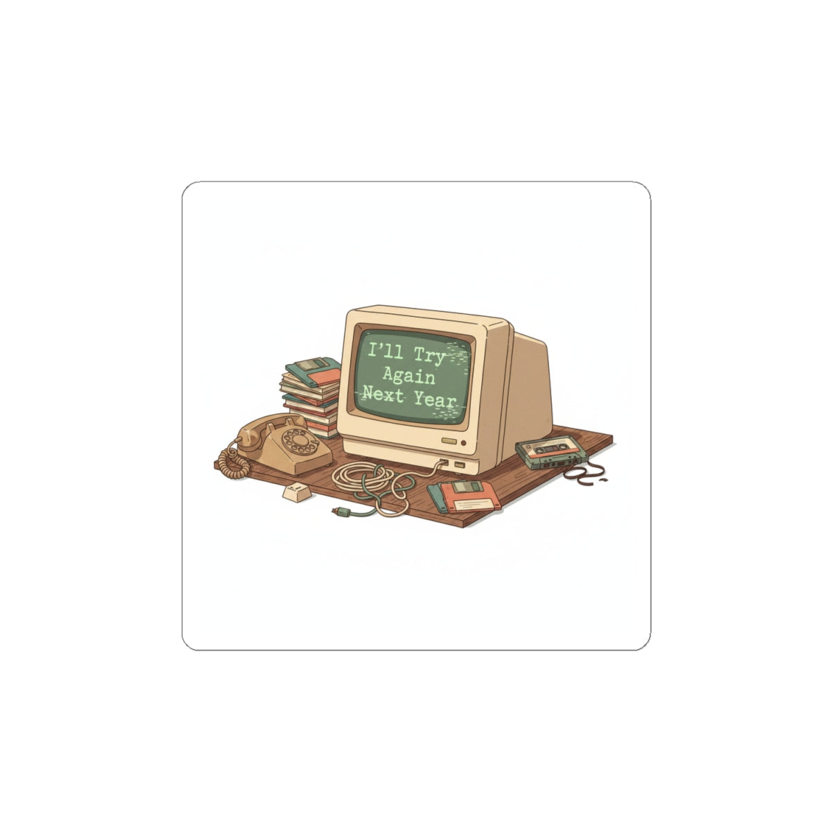 I'll Try Again Next Year Sticker | Resolution Skeptic, Retro Computer Humor