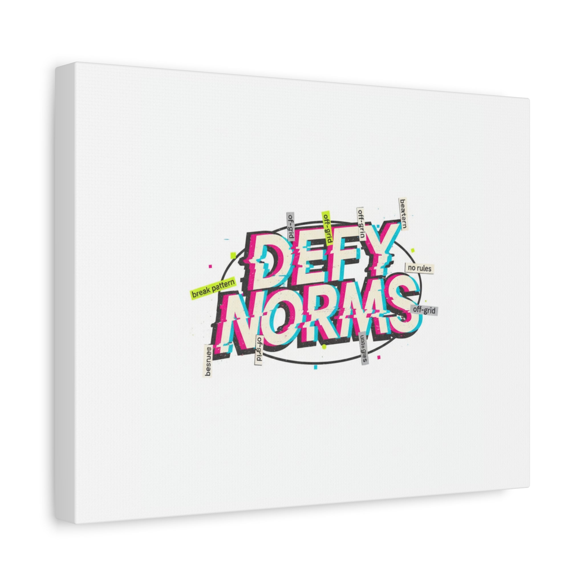 Defy Norms Canvas, Anti-Aesthetic Glitch Typography, Brutalist Poster Style