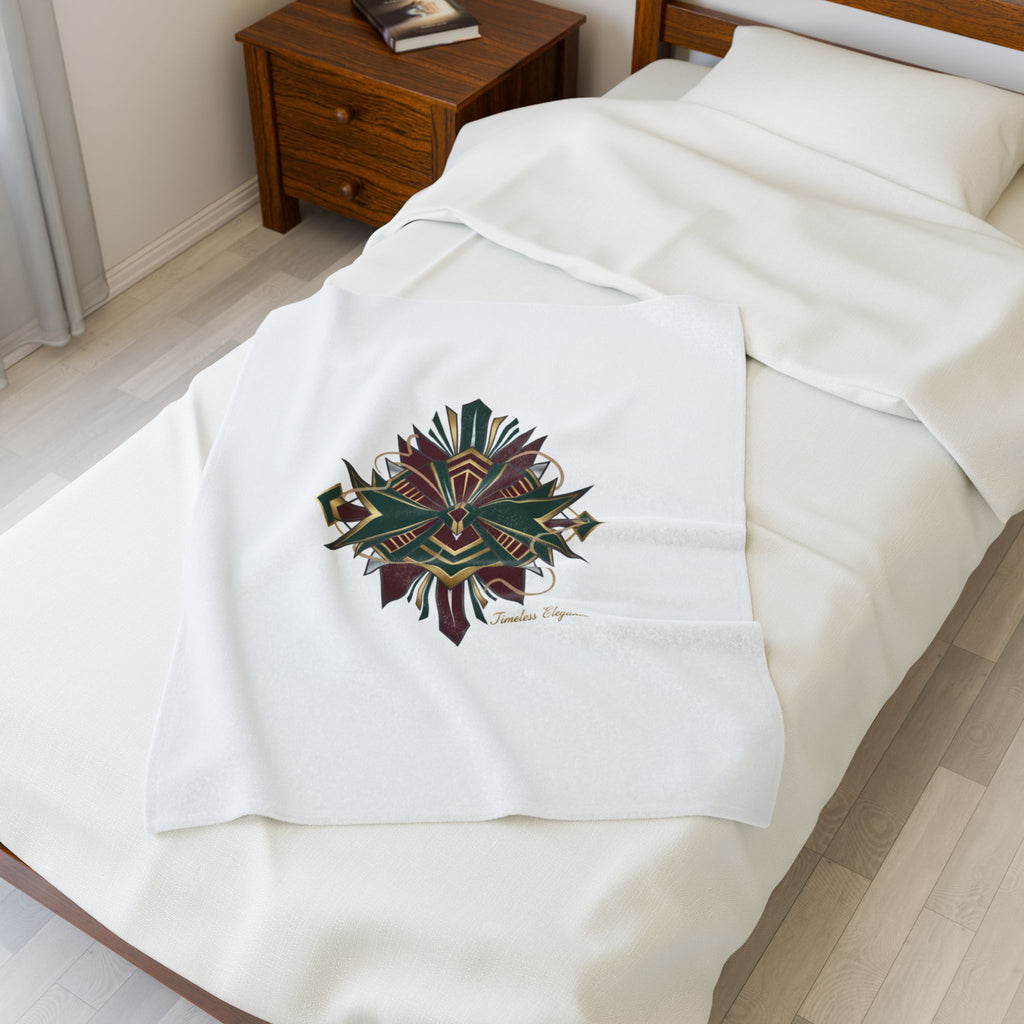 Art Deco Emerald & Burgundy Geometric Velvet Throw Blanket | Brass Chrome Fan Motif