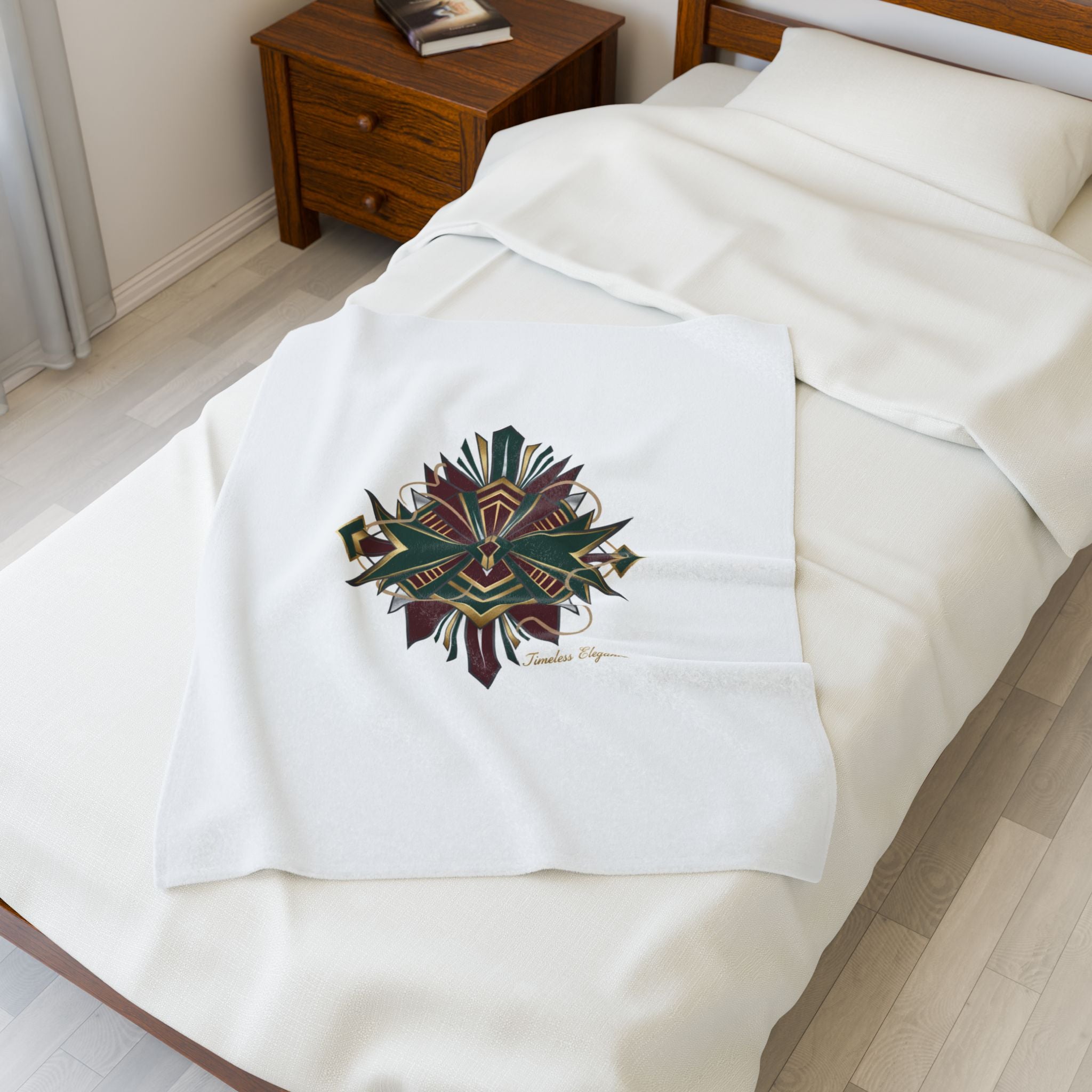 Art Deco Emerald & Burgundy Geometric Velvet Throw Blanket | Brass Chrome Fan Motif