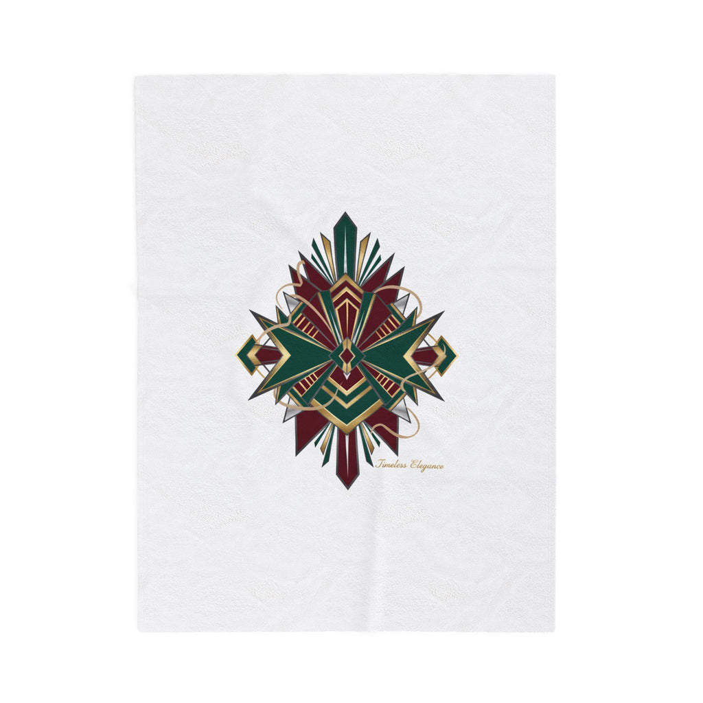 Art Deco Emerald & Burgundy Geometric Velvet Throw Blanket | Brass Chrome Fan Motif