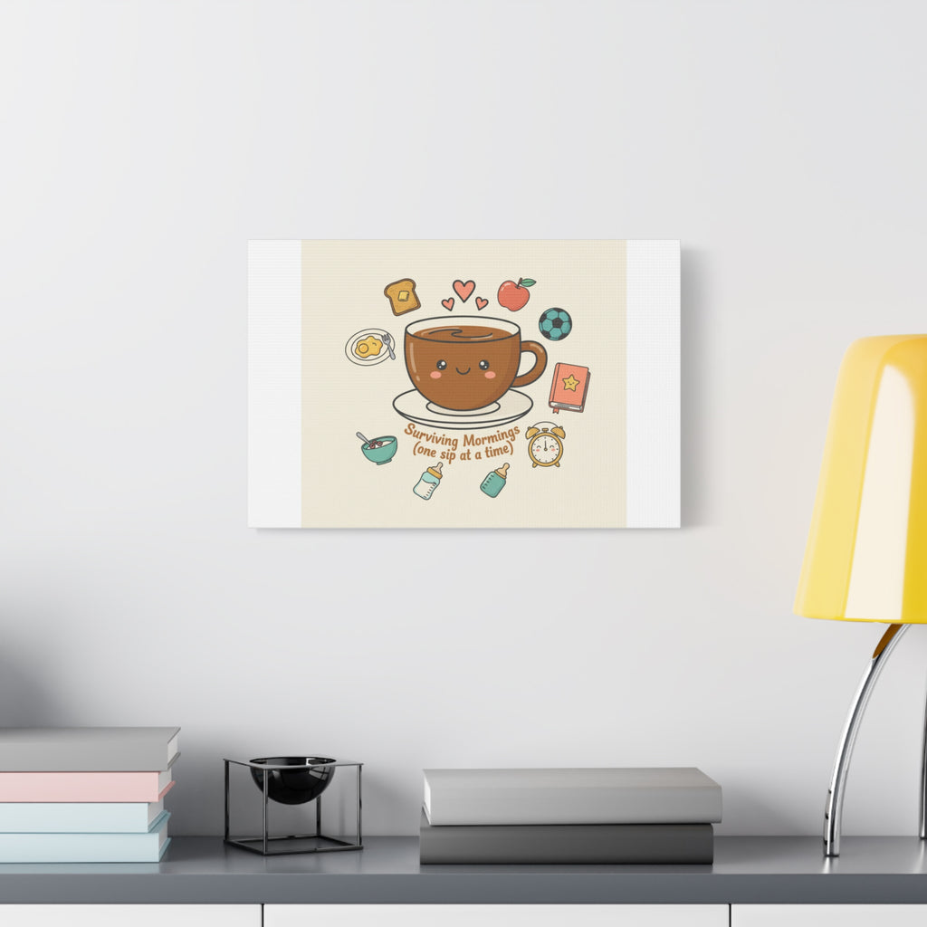 Surviving Mornings (One Sip at a Time) Canvas | Parenting Morning Humor, Coffee & Kids