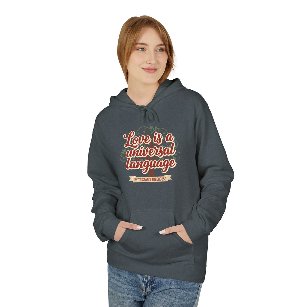 Hoodie — “Love is a Universal Language” Cozy Retro Cabin Graphic Hoodie