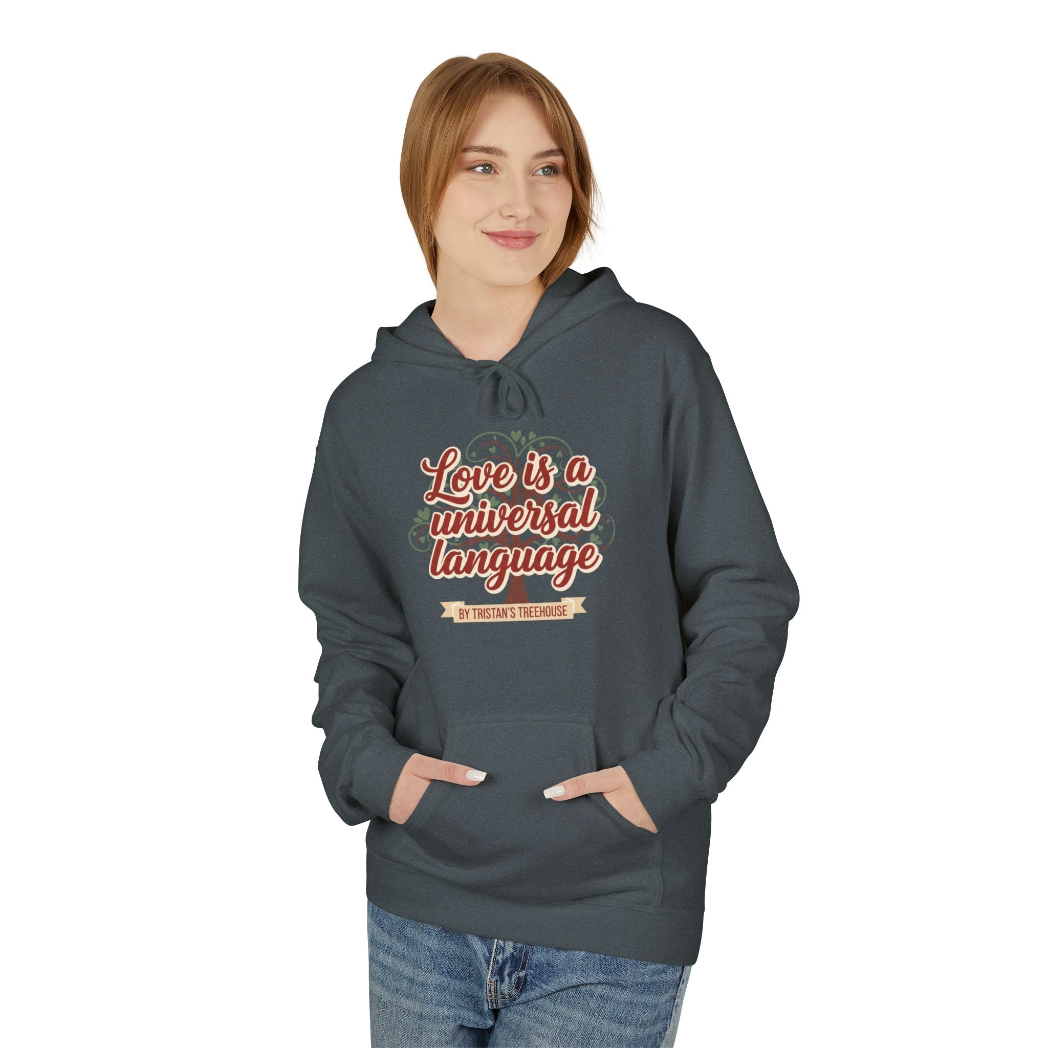Hoodie — “Love is a Universal Language” Cozy Retro Cabin Graphic Hoodie