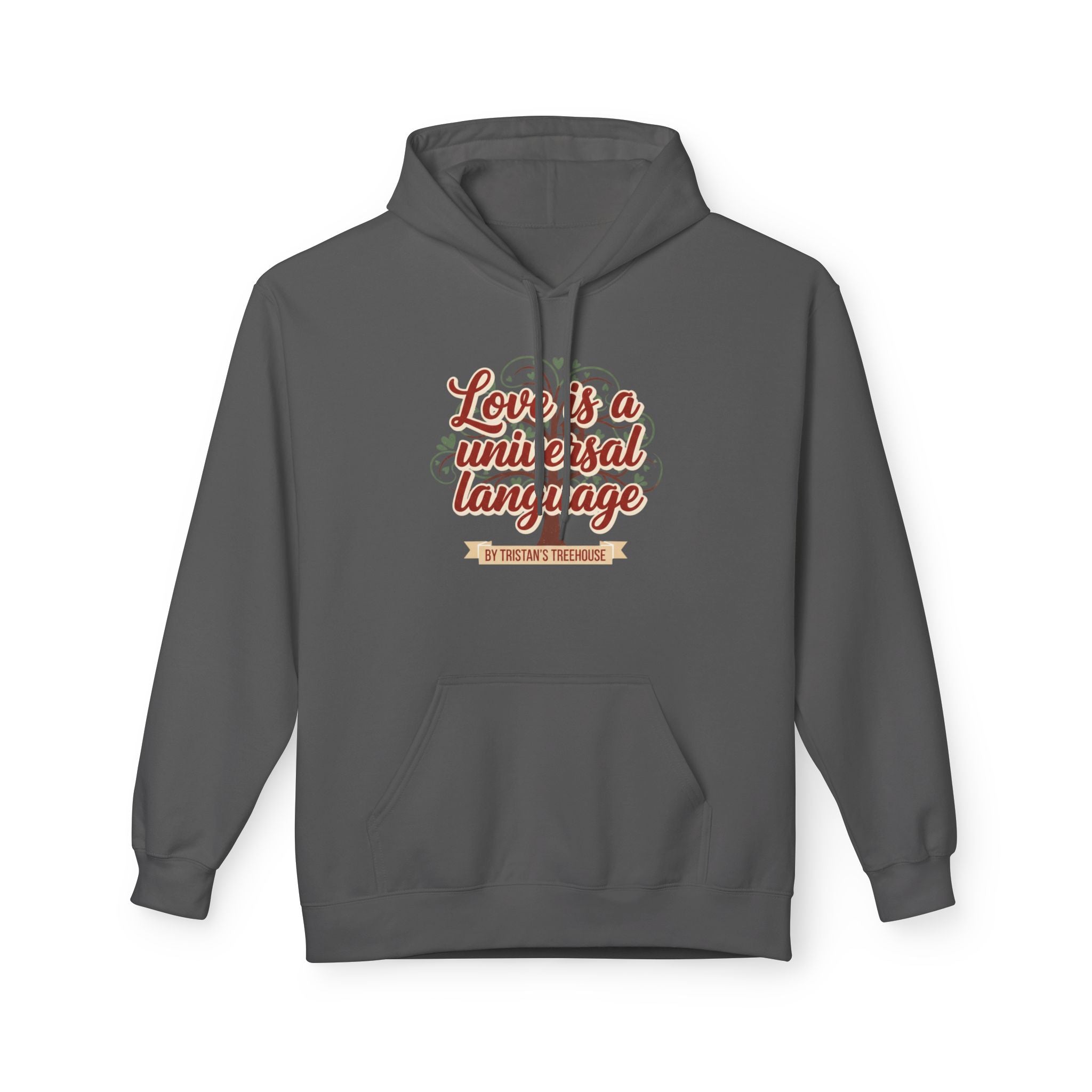 Hoodie — “Love is a Universal Language” Cozy Retro Cabin Graphic Hoodie