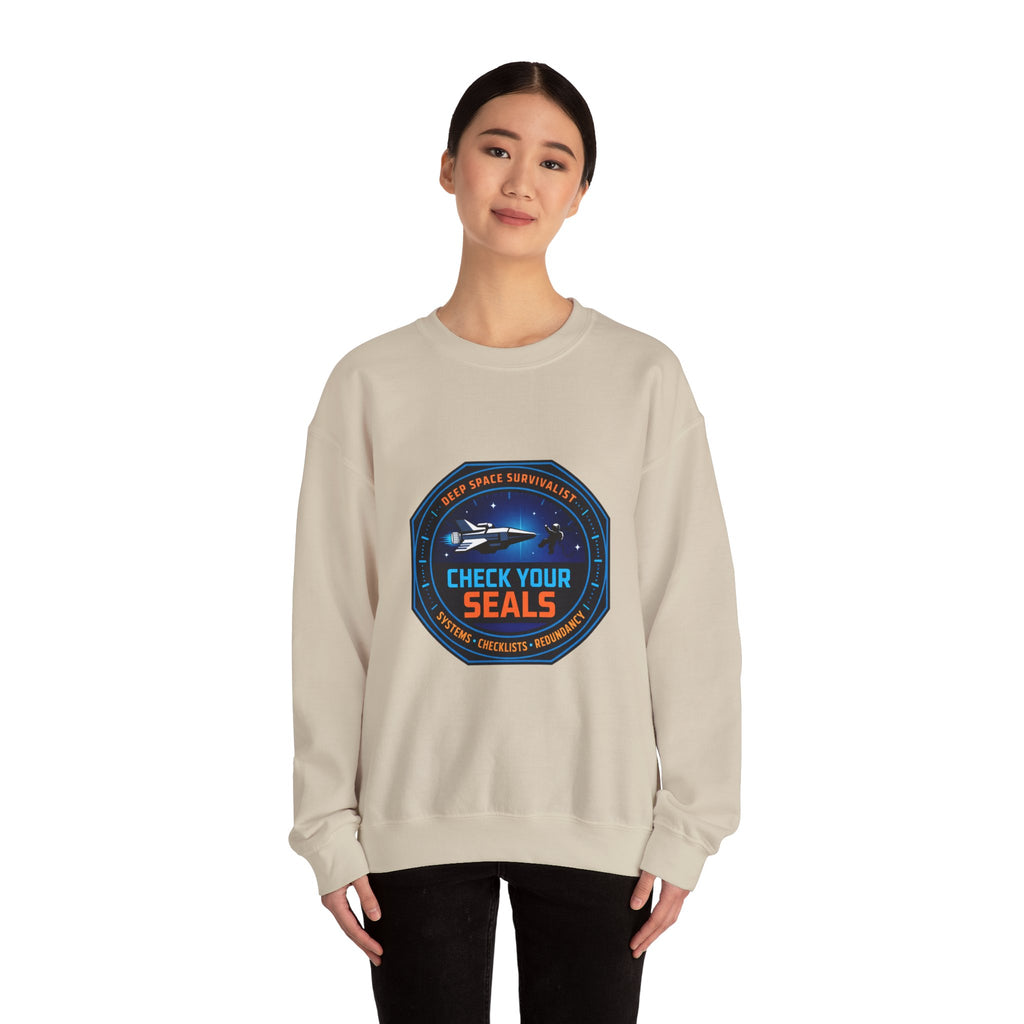 Check Your Seals Mission Patch Crewneck, hard sci‑fi space survival, mission patch sweatshirt