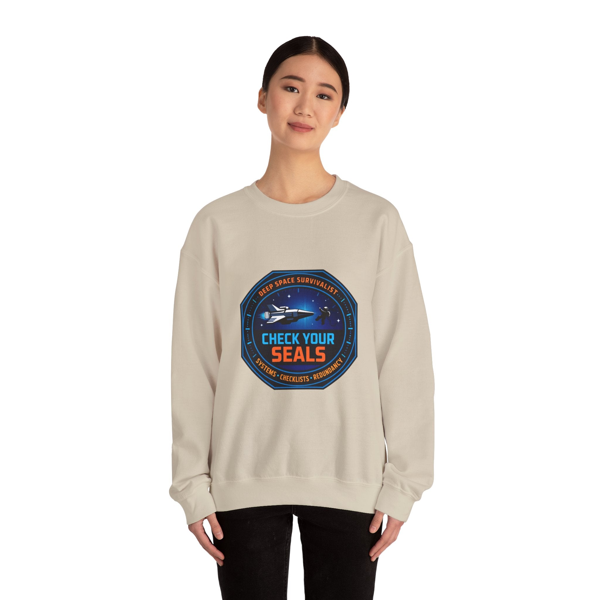 Check Your Seals Mission Patch Crewneck, hard sci‑fi space survival, mission patch sweatshirt