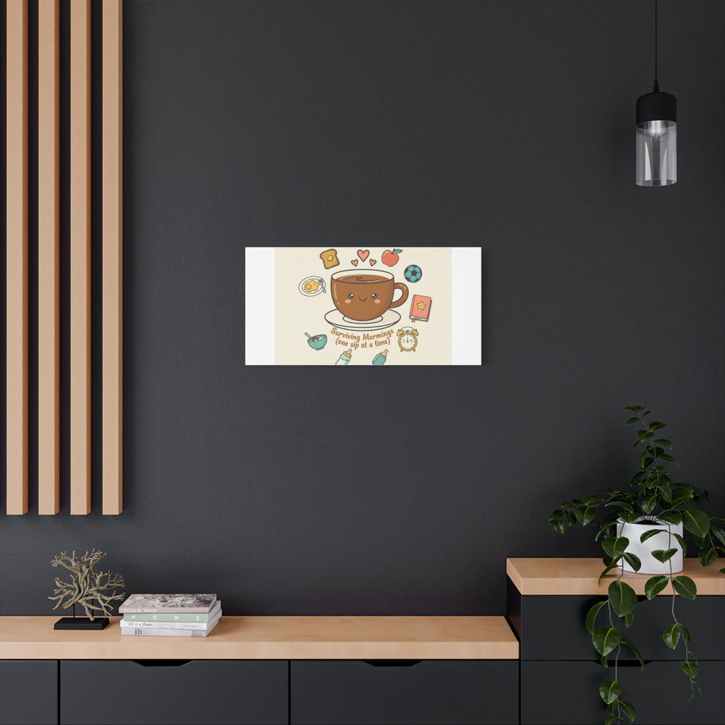 Surviving Mornings (One Sip at a Time) Canvas | Parenting Morning Humor, Coffee & Kids