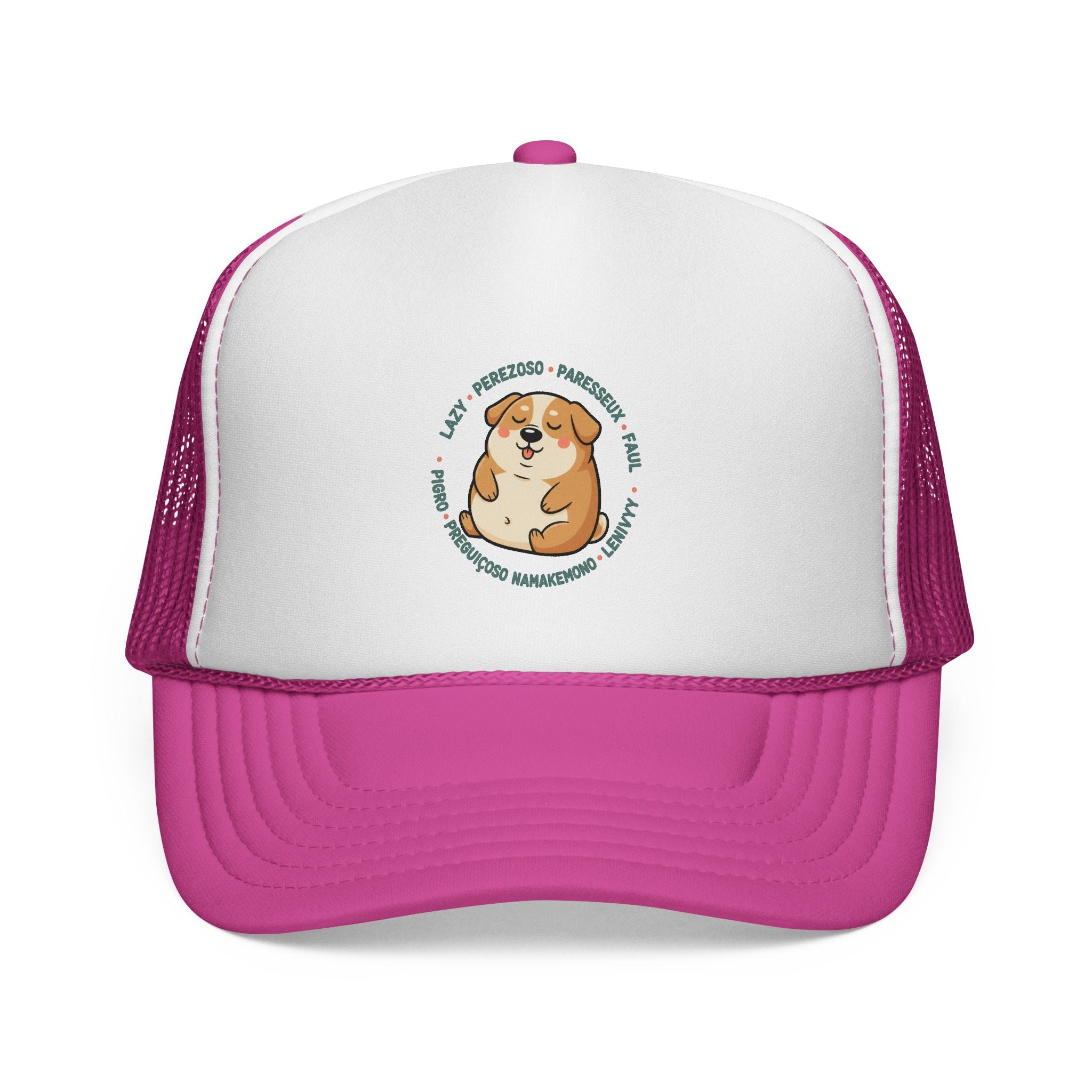 Funny Dog Meme Trucker Cap — "Fat Lazy" Multilingual Design (8 Languages)