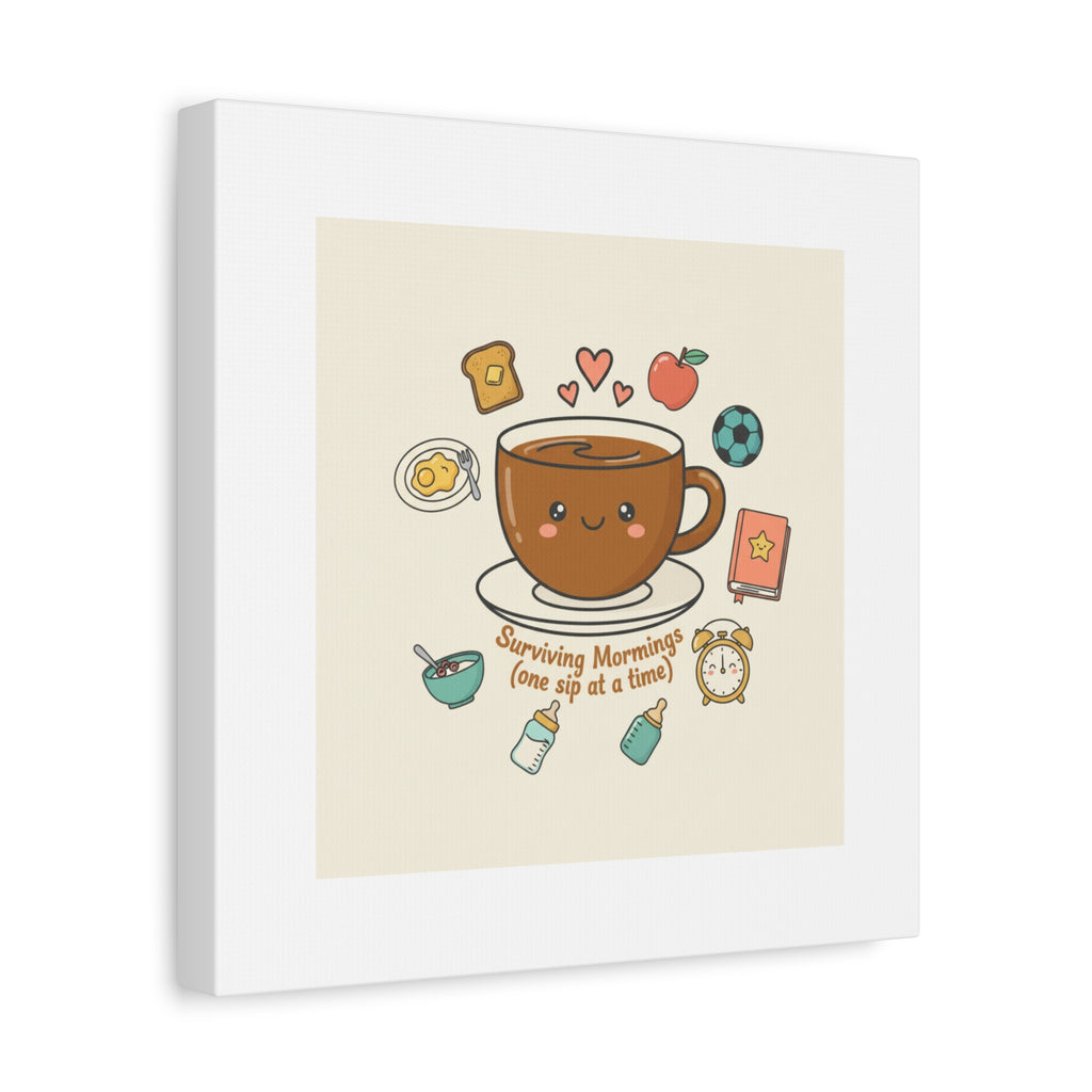 Surviving Mornings (One Sip at a Time) Canvas | Parenting Morning Humor, Coffee & Kids