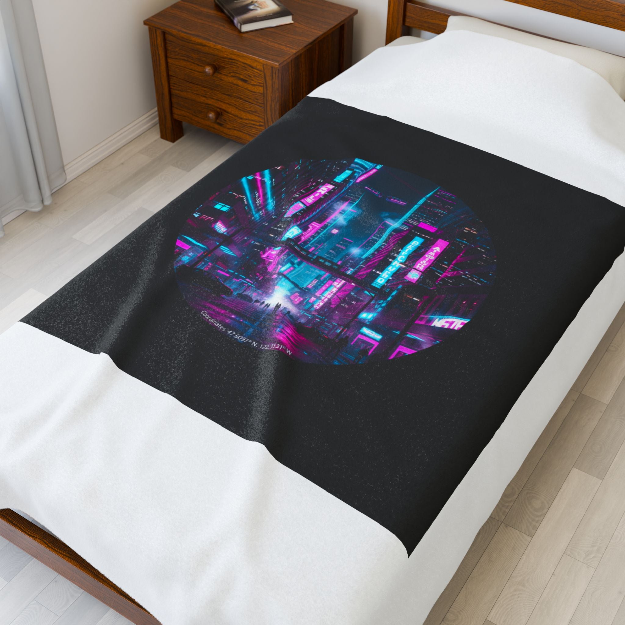 Neon Cyberpunk Cityscape Velveteen Plush Blanket | synthwave skyline