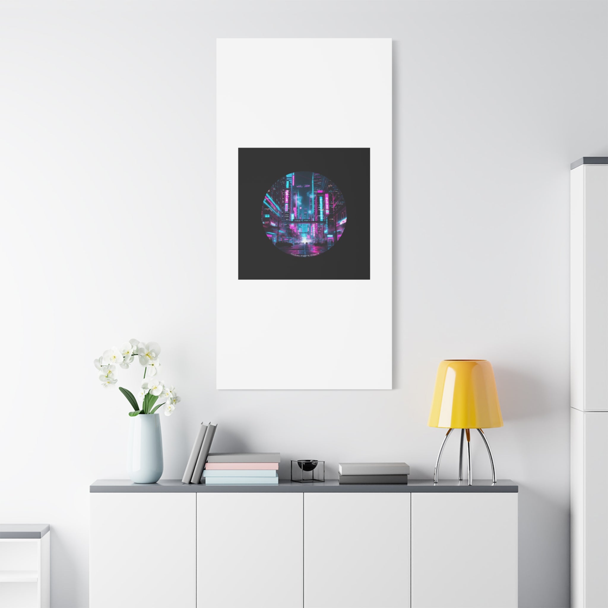 Neon Cyberpunk Cityscape Canvas | synthwave skyline, future city art