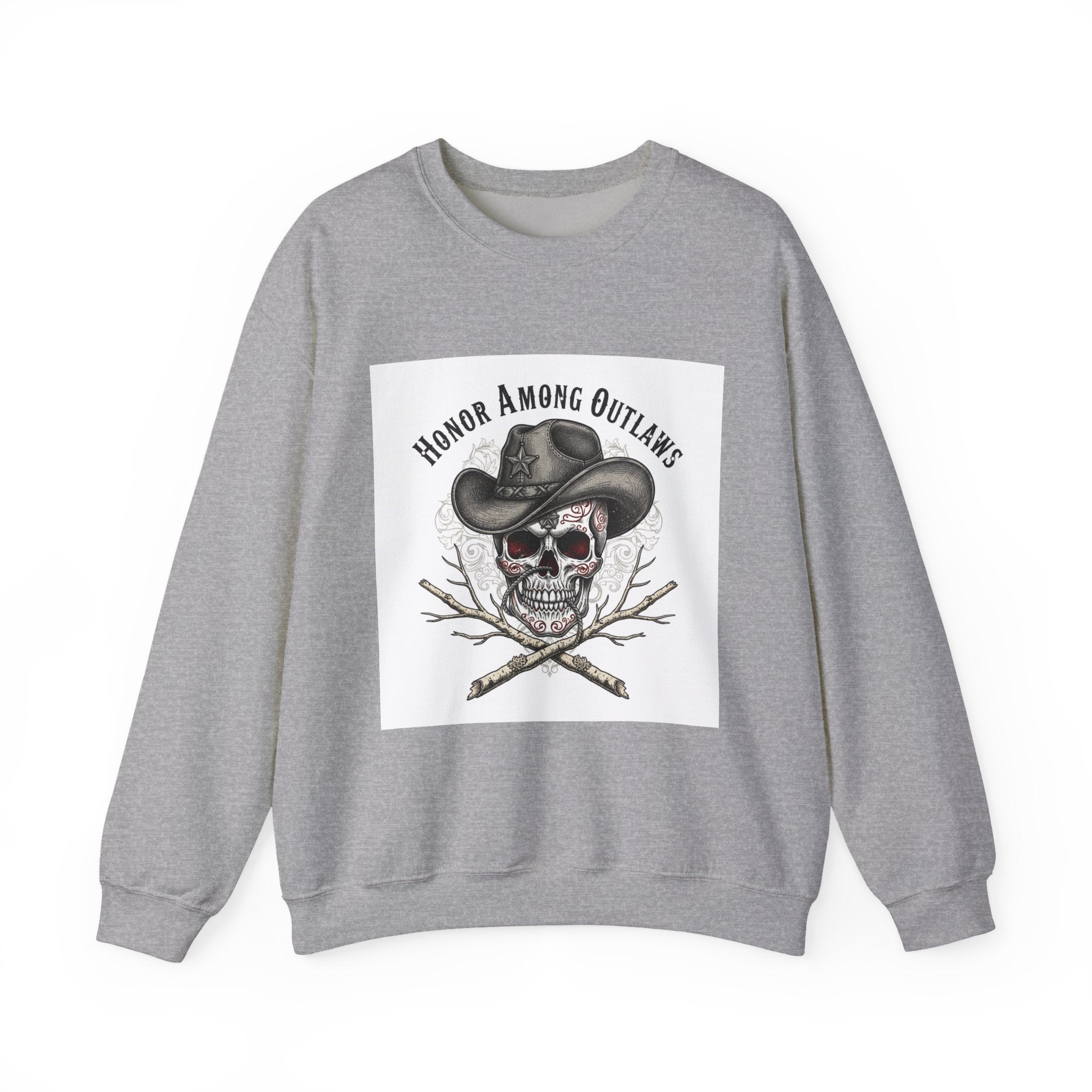 Honor Among Outlaws Crewneck, western skull art | gothic Americana, desert noir design