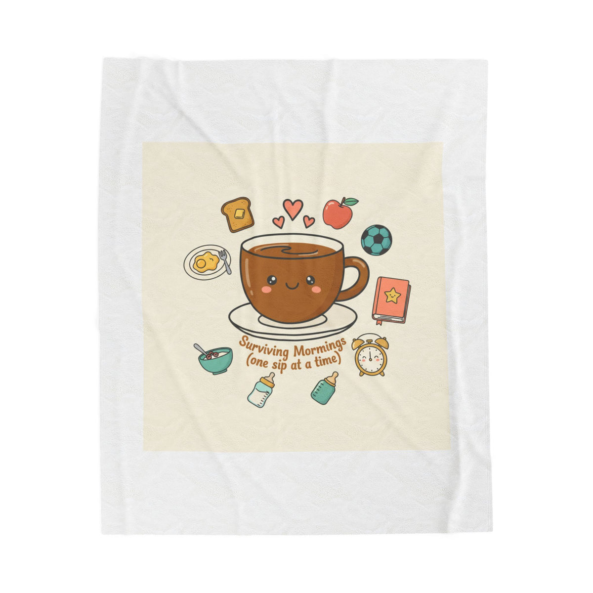 Surviving Mornings Coffee Mug Illustration Velveteen Plush Blanket | Parenting Morning Humor