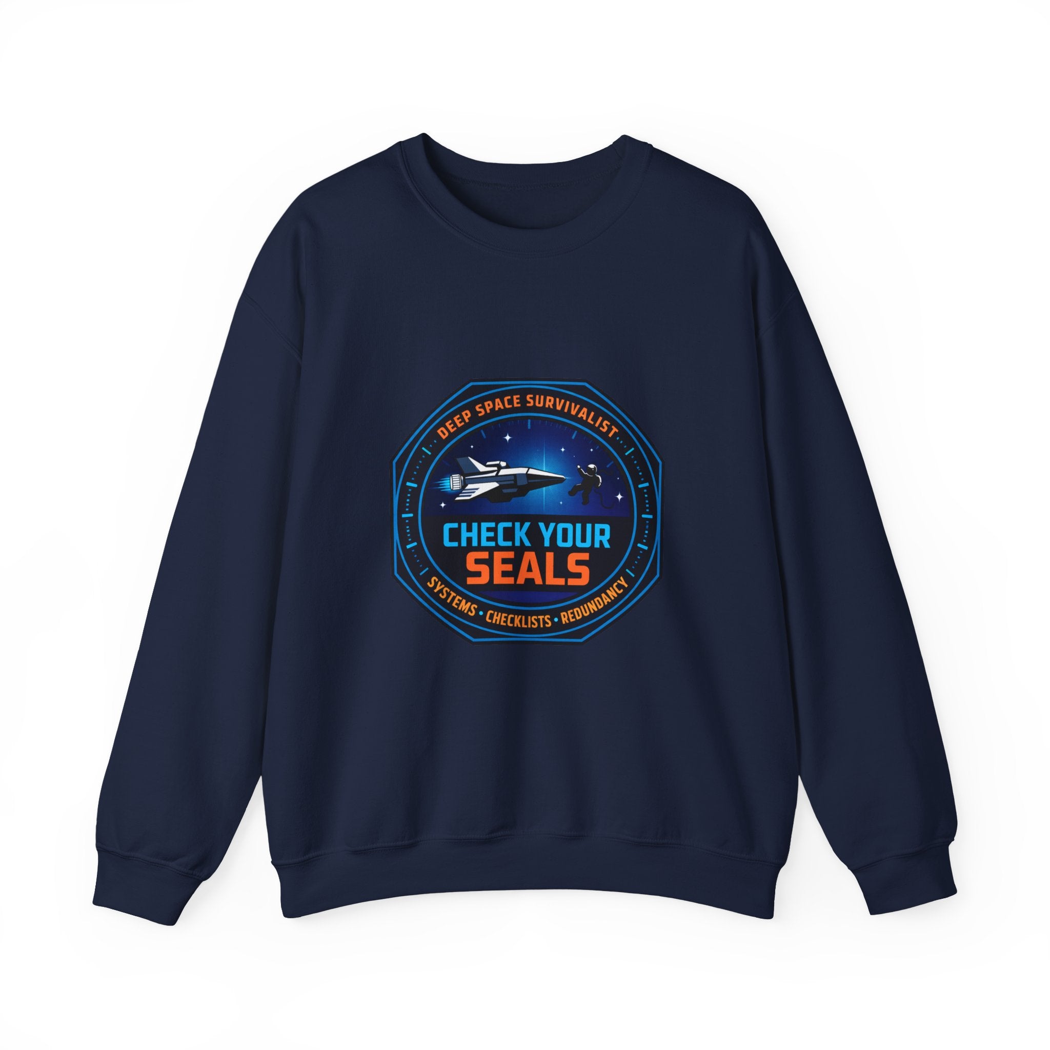 Check Your Seals Mission Patch Crewneck, hard sci‑fi space survival, mission patch sweatshirt
