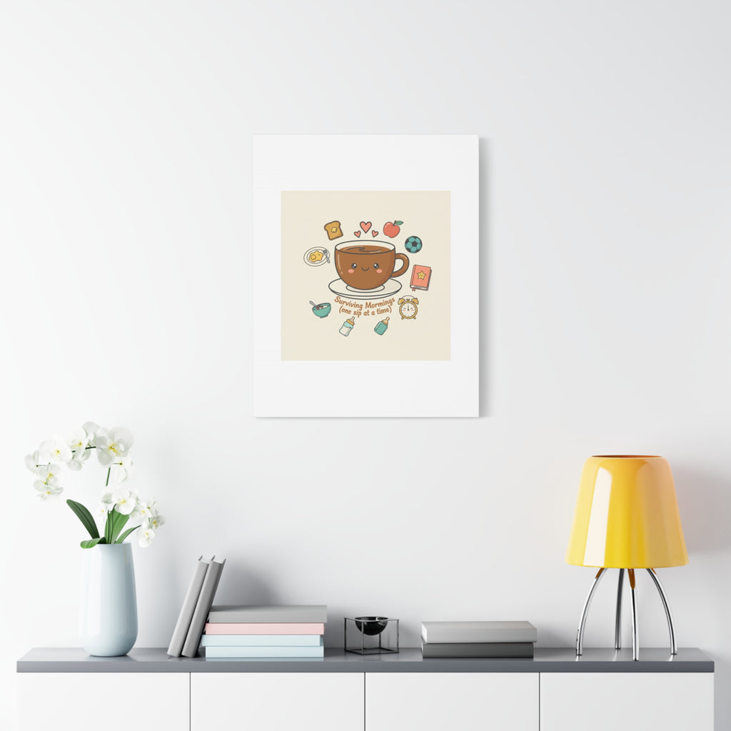 Surviving Mornings (One Sip at a Time) Canvas | Parenting Morning Humor, Coffee & Kids