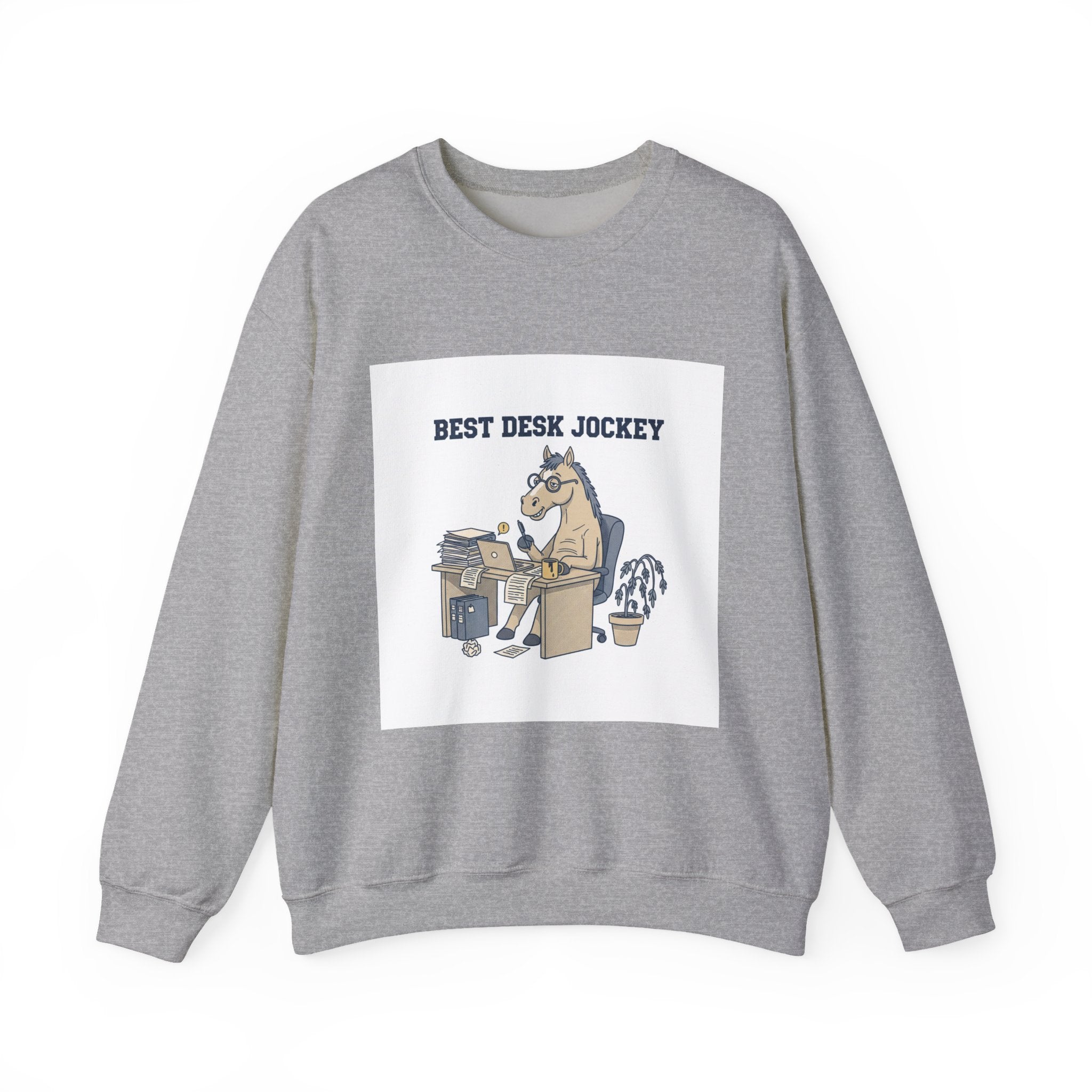 Workhorse Desk Jockey Sweatshirt | corporate burnout parody, collegiate horse design