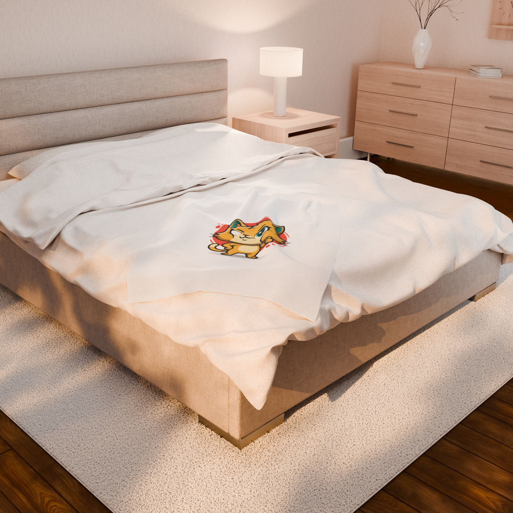 Cute Cheeky Cat Illustration Velveteen Plush Blanket | Rodent-Core Vibe