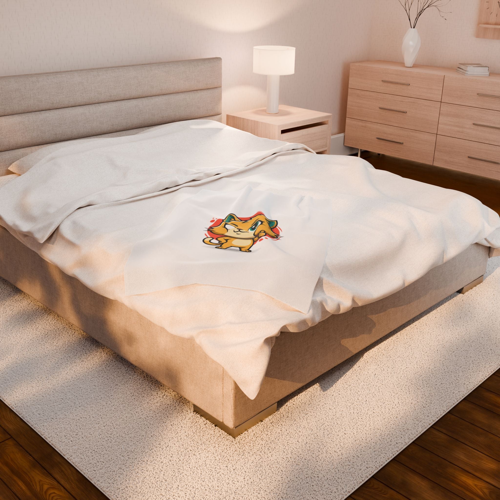 Cute Cheeky Cat Illustration Velveteen Plush Blanket | Rodent-Core Vibe