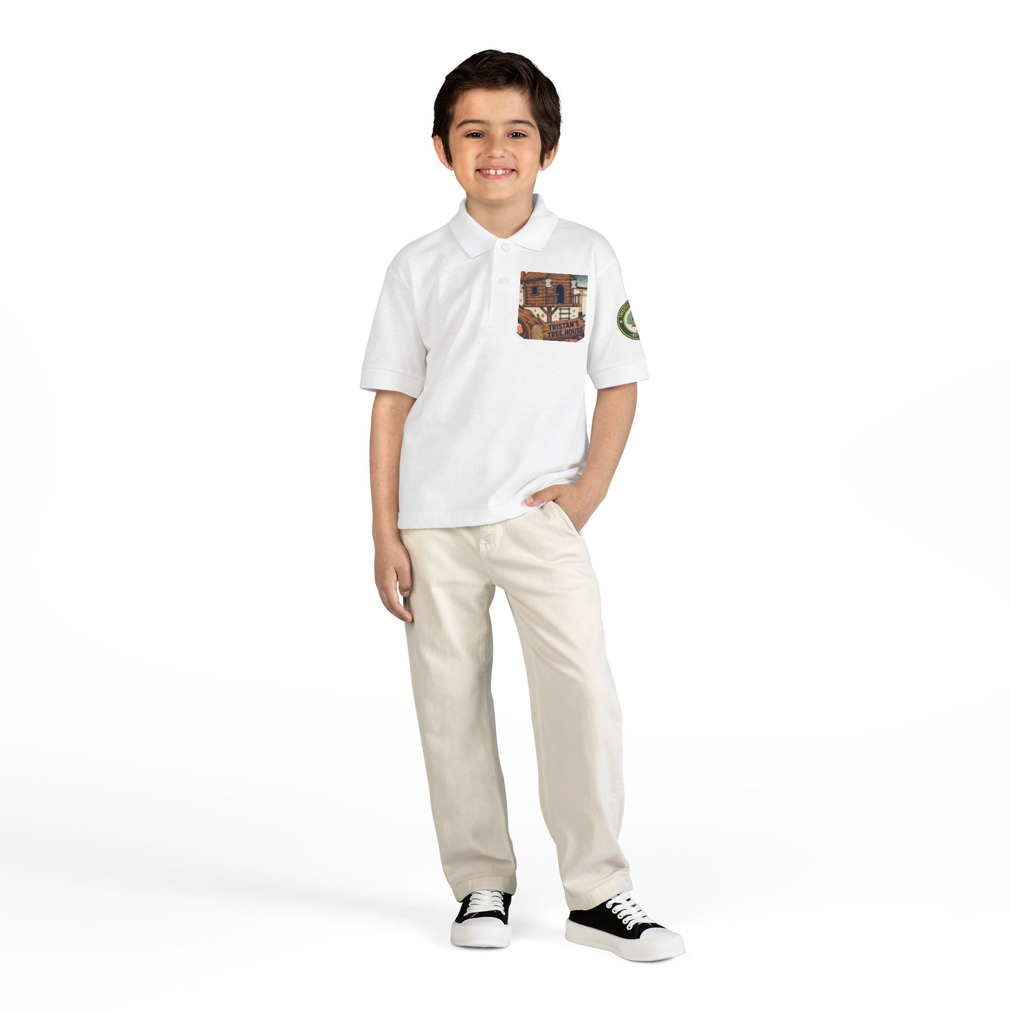 Youth Polo Shirt with Vintage Ski Lodge Pocket & Patch — Kids Outdoor/Resort Style